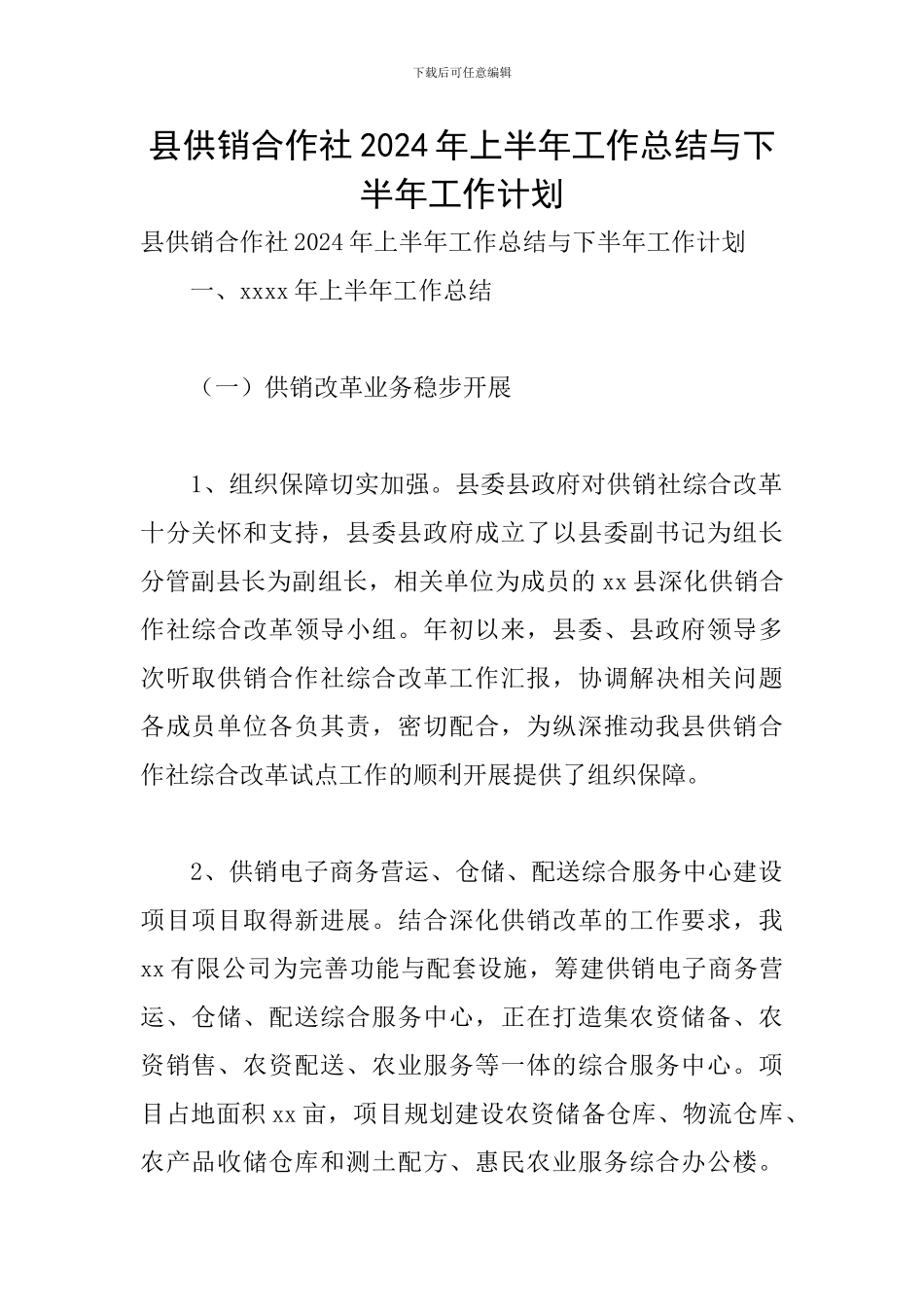县供销合作社2024年上半年工作总结与下半年工作计划_第1页