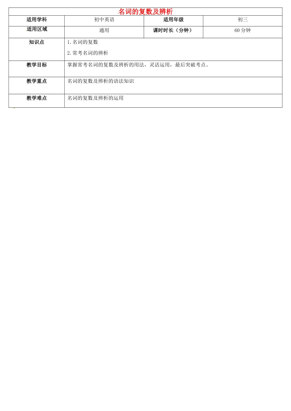 天津学大教育信息咨询有限公司中考英语专题复习 名词的复数及辨析教案-人教版初中九年级全册英语教案_第1页