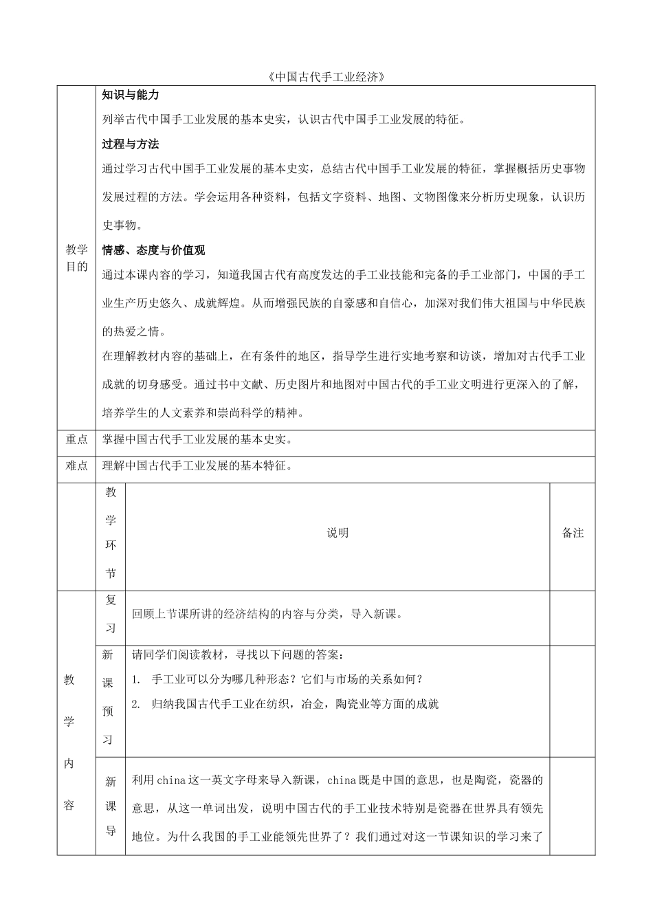 高中历史《古代中国的手工业经济》教学设计 人民版必修2-人民版高中必修2历史教案_第1页