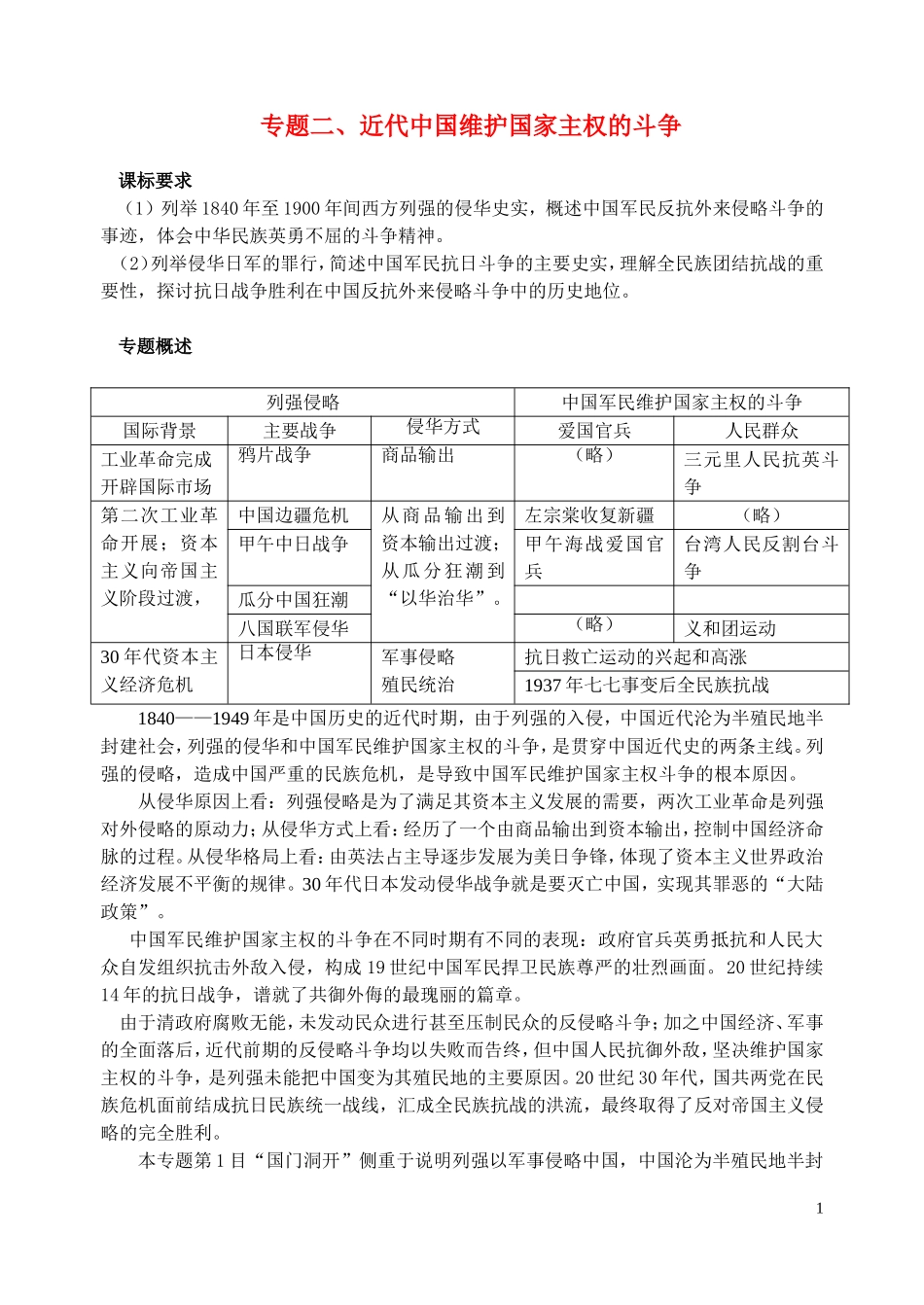 高中历史《列强入侵与民族危机》教案4 人民版必修1_第1页