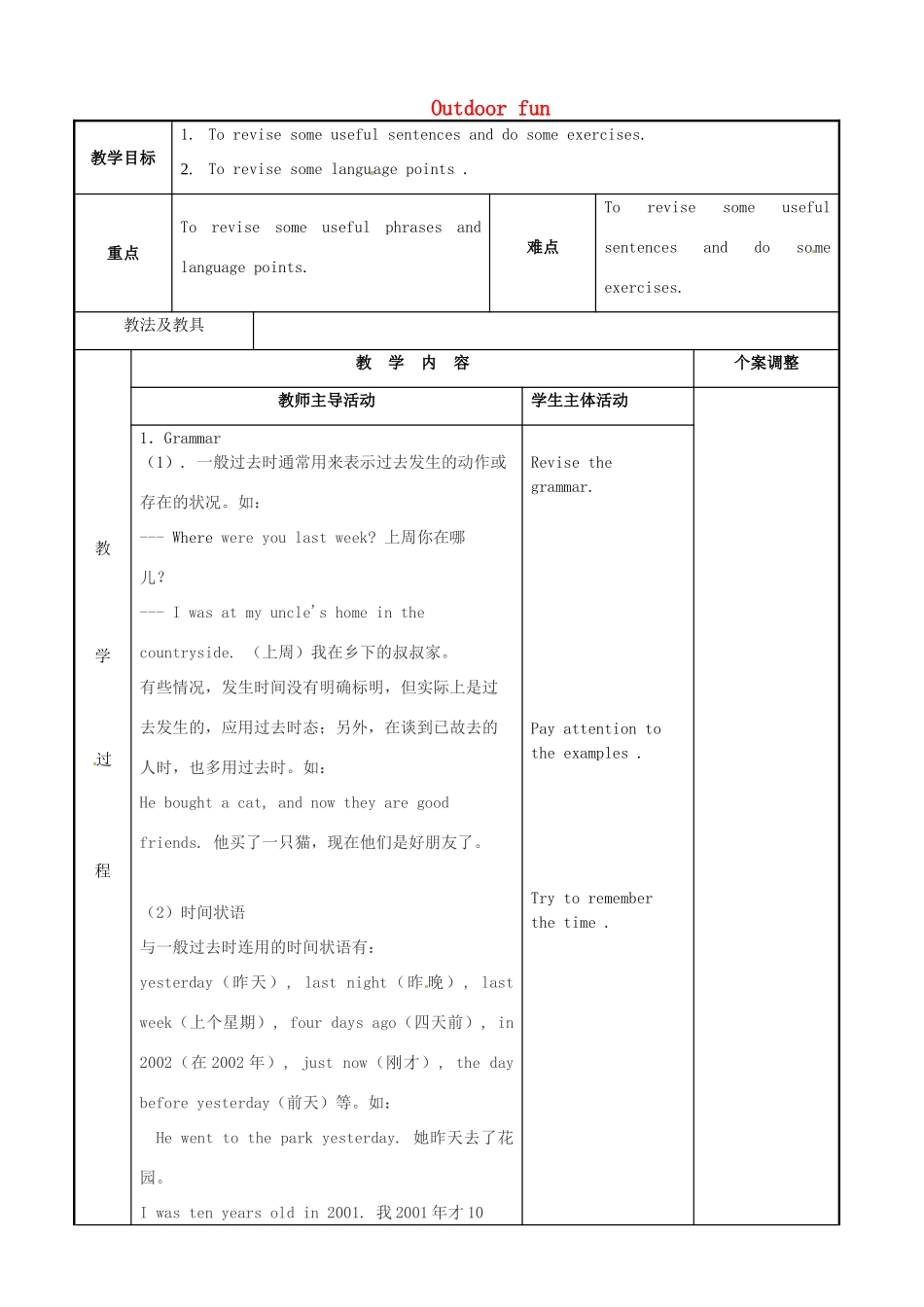 七年级英语下册 Unit 6 Outdoor fun复习教案2 （新版）牛津版-（新版）牛津版初中七年级下册英语教案_第1页