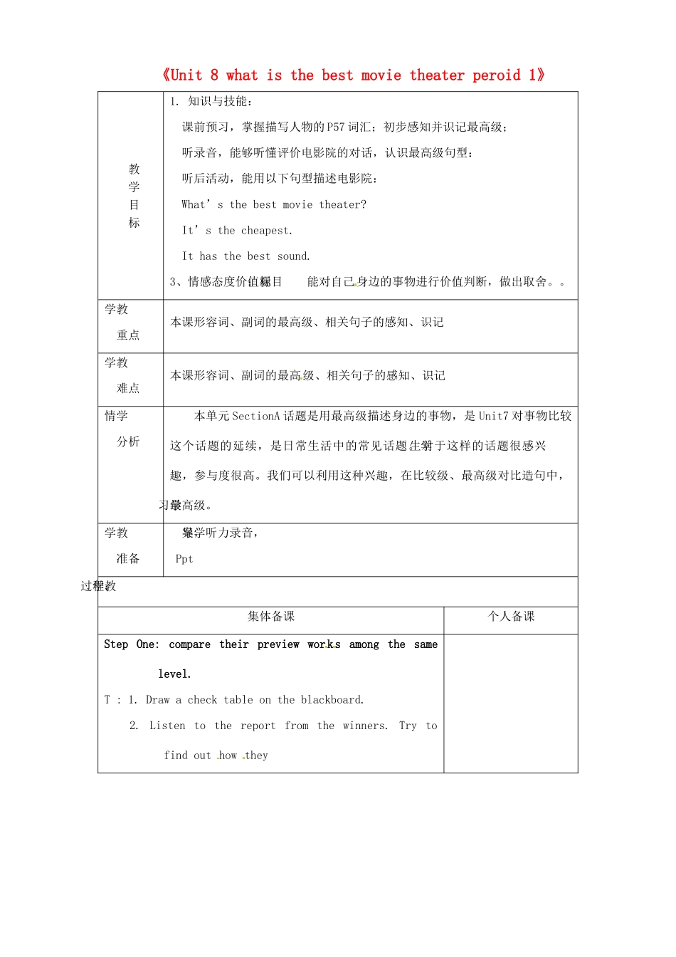 七年级英语上册《Unit 8 what is the best movie theater period 1》教案 鲁教版五四制-鲁教版五四制初中七年级上册英语教案_第1页