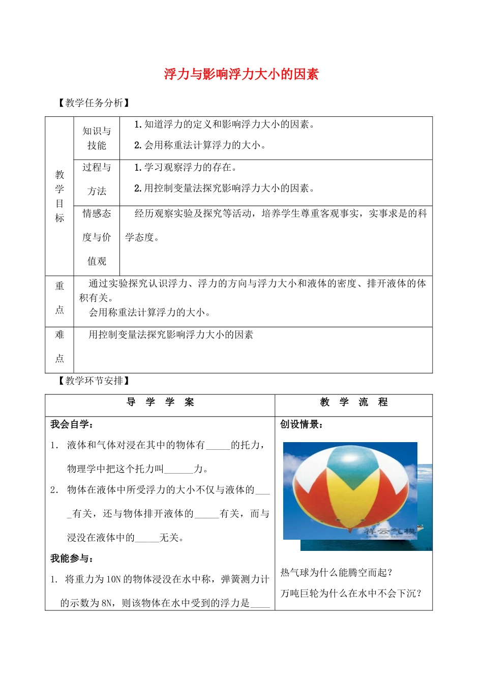 八年级物理上册 浮力与影响浮力大小的因素教案 沪科版_第1页