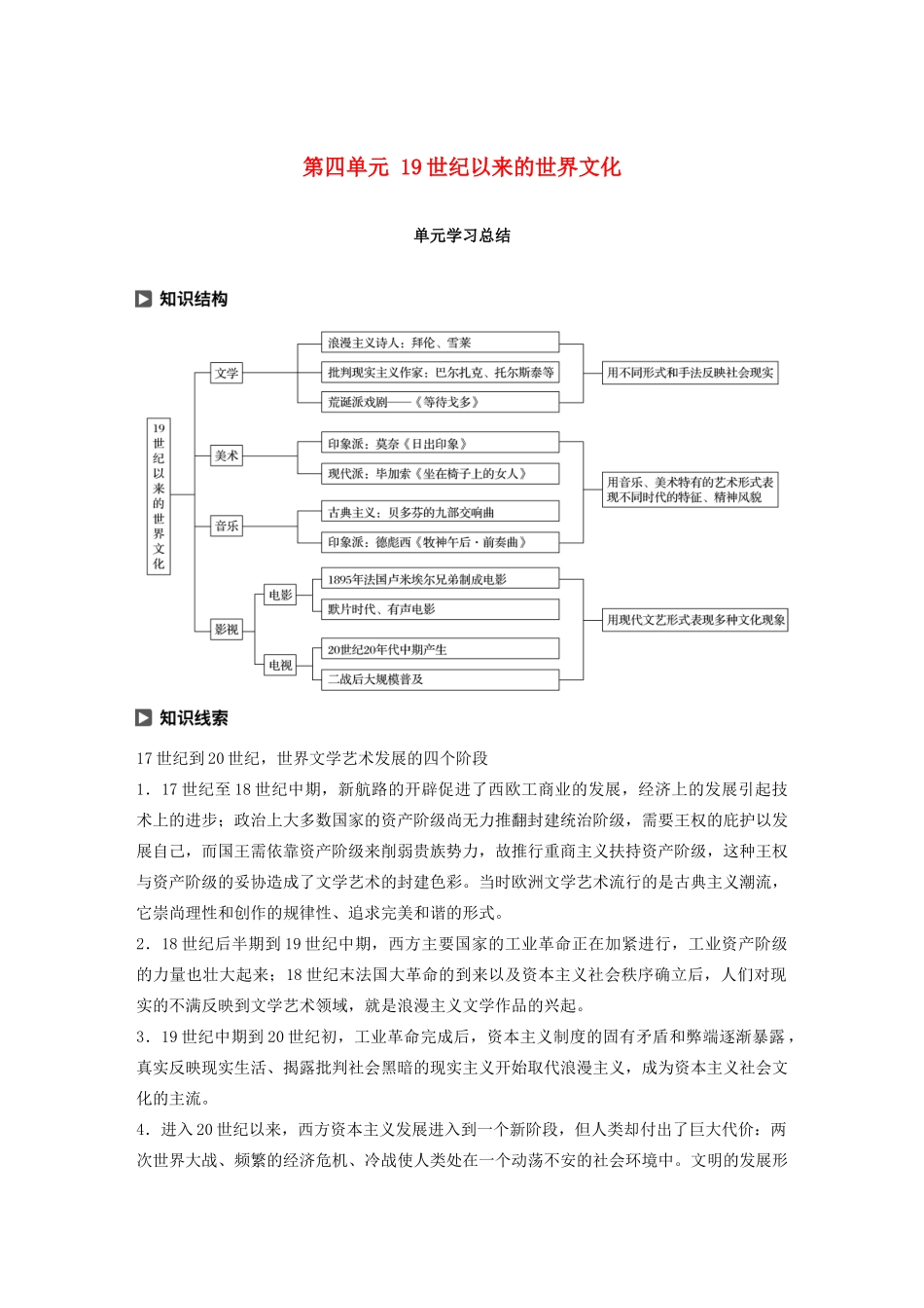 高中历史 第四单元 19世纪以来的世界文化单元学习总结教案（含解析）岳麓版必修3-岳麓版高二必修3历史教案_第1页