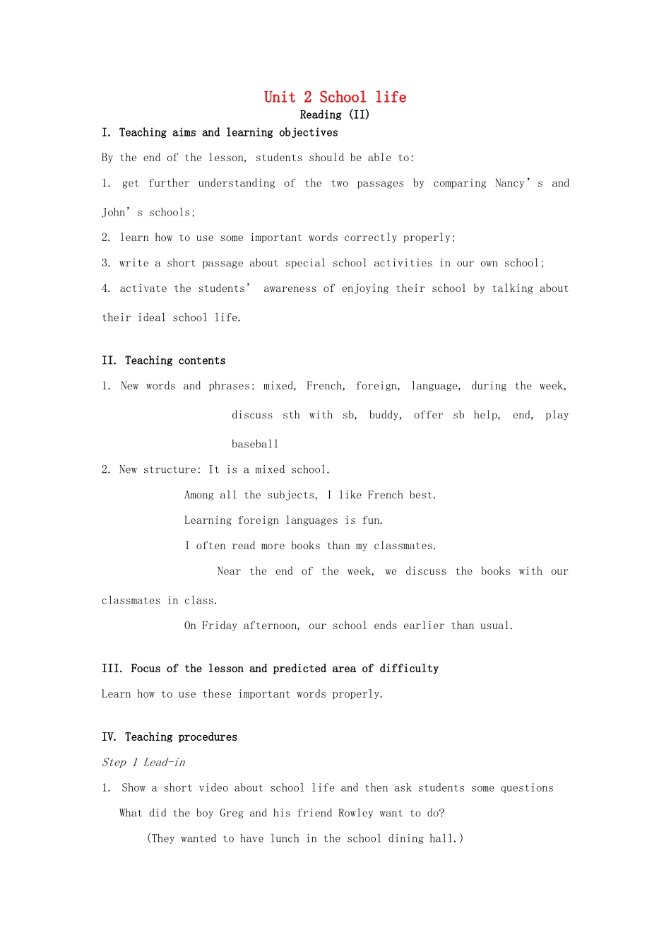 八年级英语上册 Unit 2 School life Reading II教案 （新版）牛津版-（新版）牛津版初中八年级上册英语教案_第1页