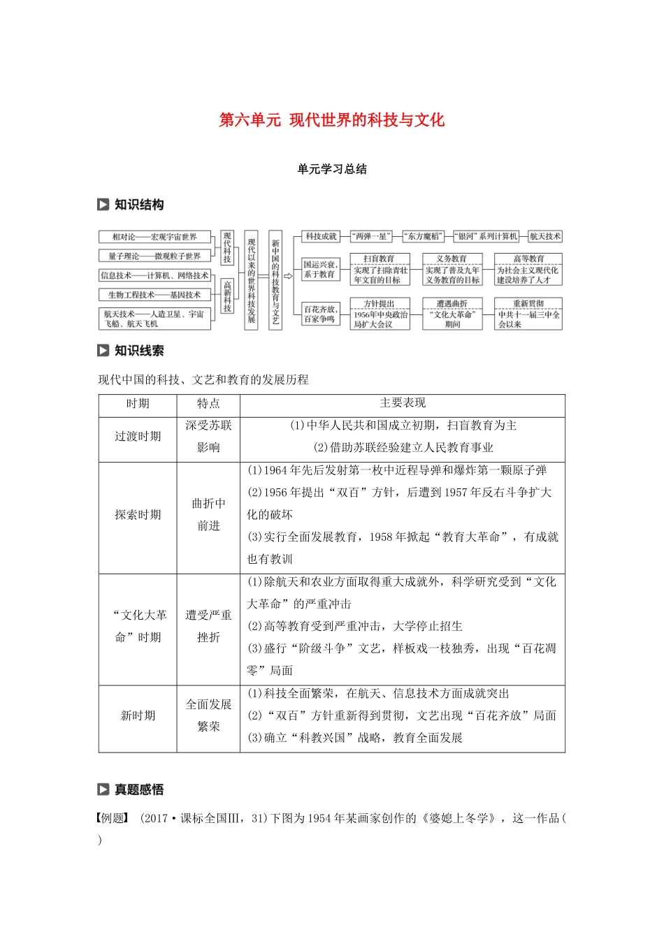 高中历史 第六单元 现代世界的科技与文化单元学习总结教案（含解析）岳麓版必修3-岳麓版高二必修3历史教案_第1页