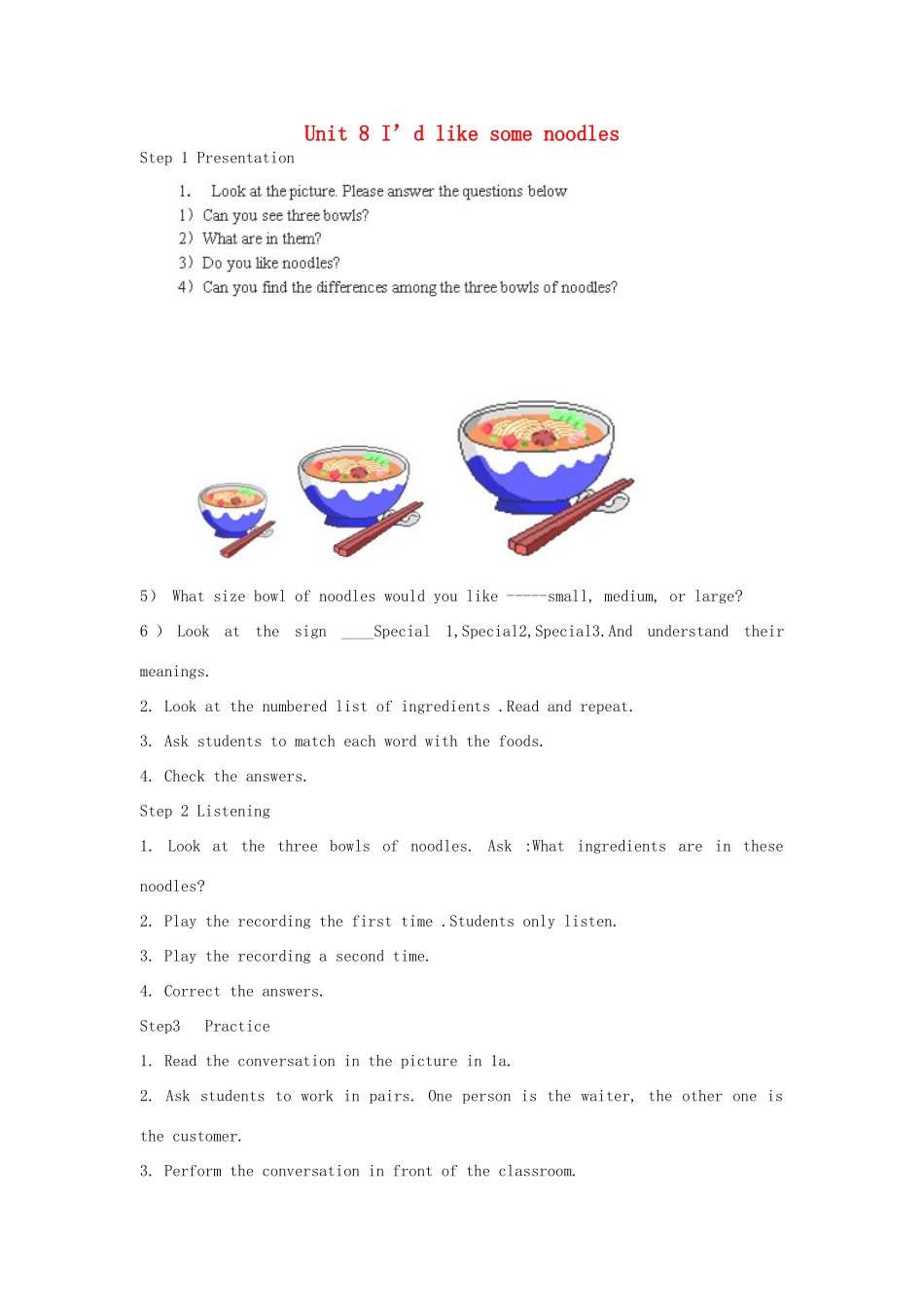 四川省江油市七年级英语下册《Unit8I’d like some noodles》教案2 人教新目标版_第1页