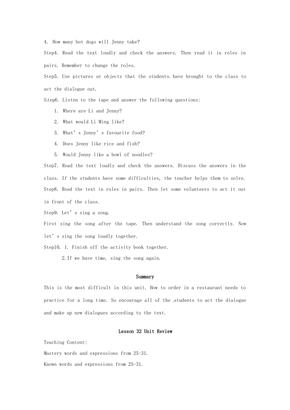 七年级英语上册 Unit 4 Food and Restaurants Lesson 31—Lesson 32教案 冀教版_第2页