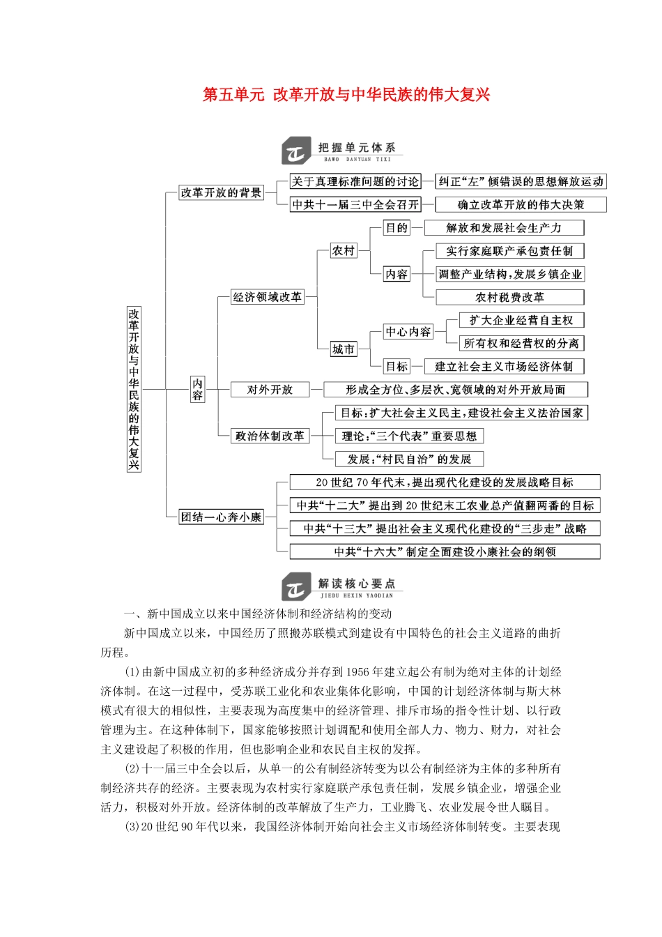 高中历史 第五单元 改革开放与中华民族的伟大复兴单元小结与测评教案（含解析）岳麓版选修1-岳麓版高二选修1历史教案_第1页