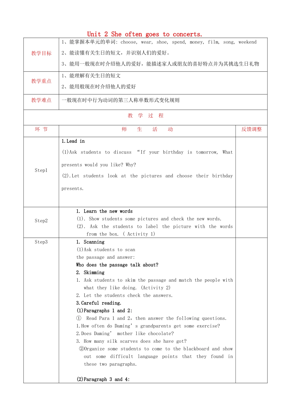 天津市静海县沿庄镇度七年级英语上册 Module 8 Choosing presents Unit 2 She often goes to concerts教案 （新版）外研版-（新版）外研版初中七年级上册英语教案_第1页