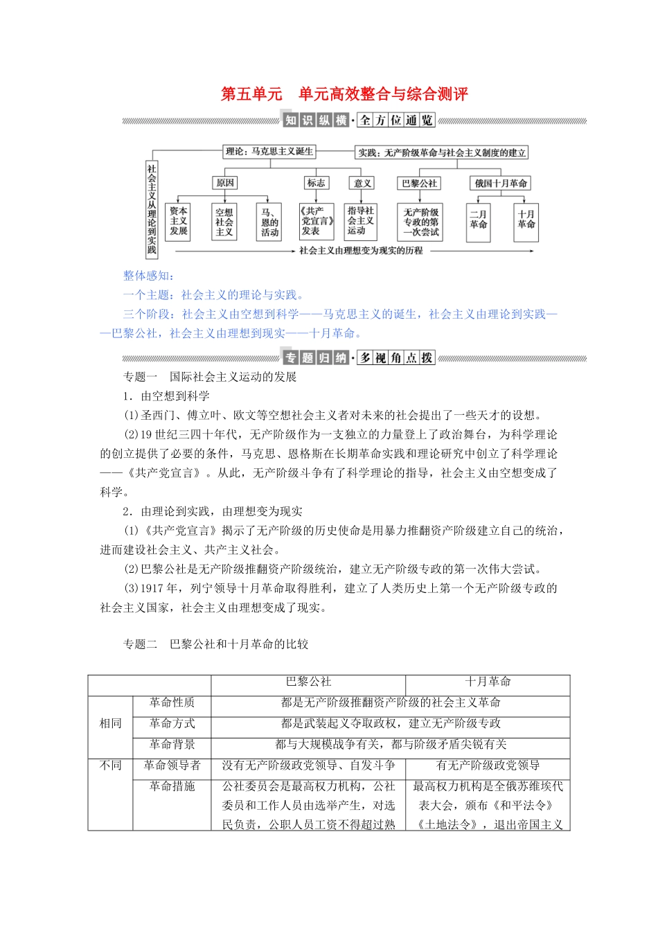 高中历史 第五单元 从科学社会主义理论到社会主义制度的建立单元高效整合与综合测评教案（含解析）新人教版必修1-新人教版高中必修1历史教案_第1页