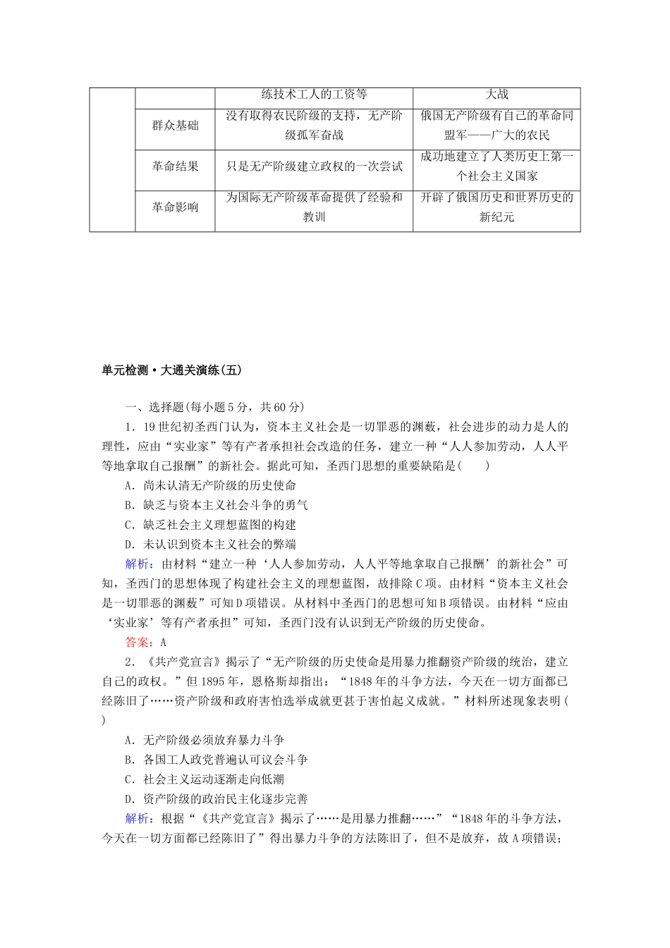 高中历史 第五单元 从科学社会主义理论到社会主义制度的建立单元高效整合与综合测评教案（含解析）新人教版必修1-新人教版高中必修1历史教案_第2页