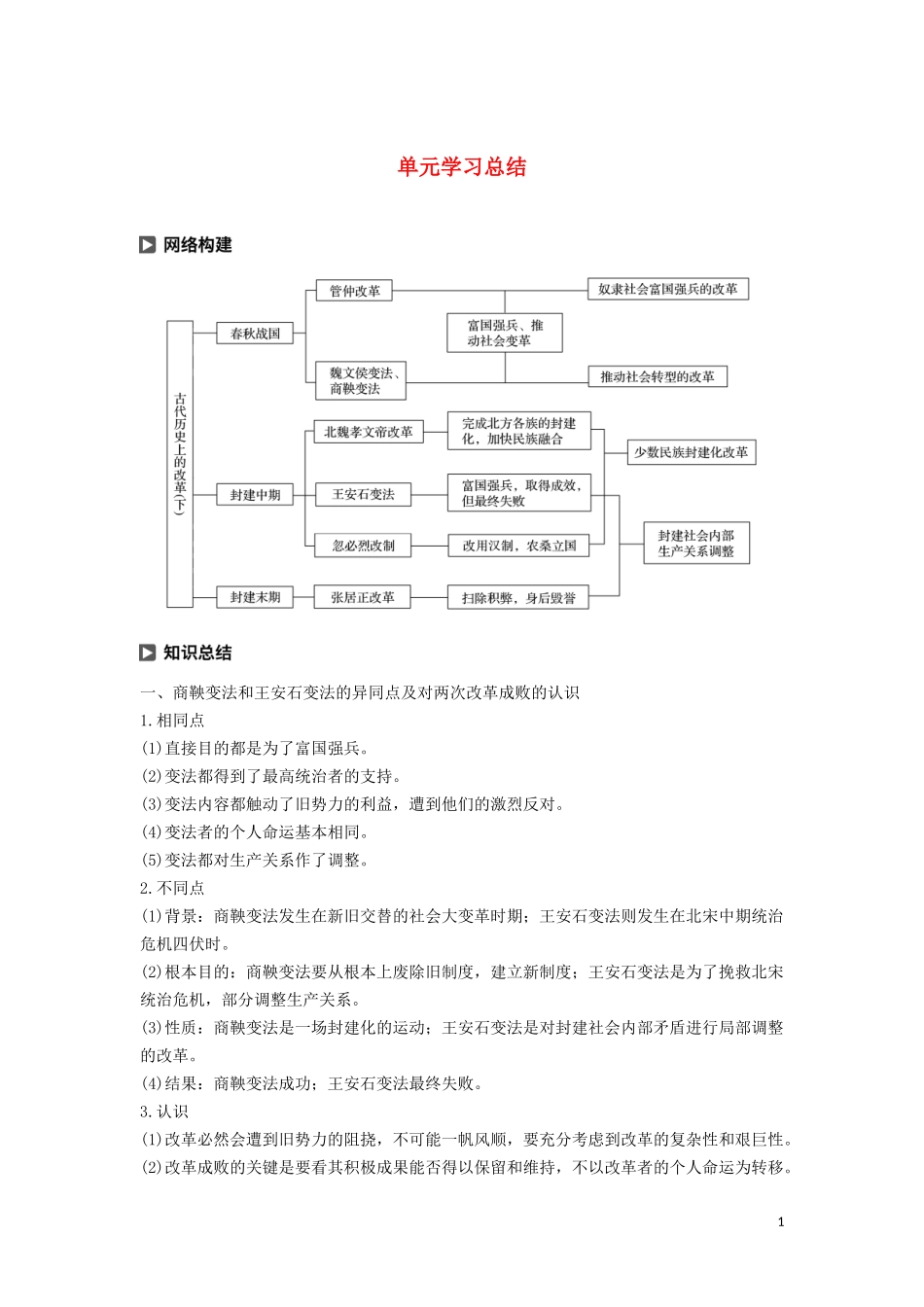 高中历史 第二单元 古代历史上的改革（下）单元学习总结讲义 岳麓版选修1-岳麓版高二选修1历史教案_第1页