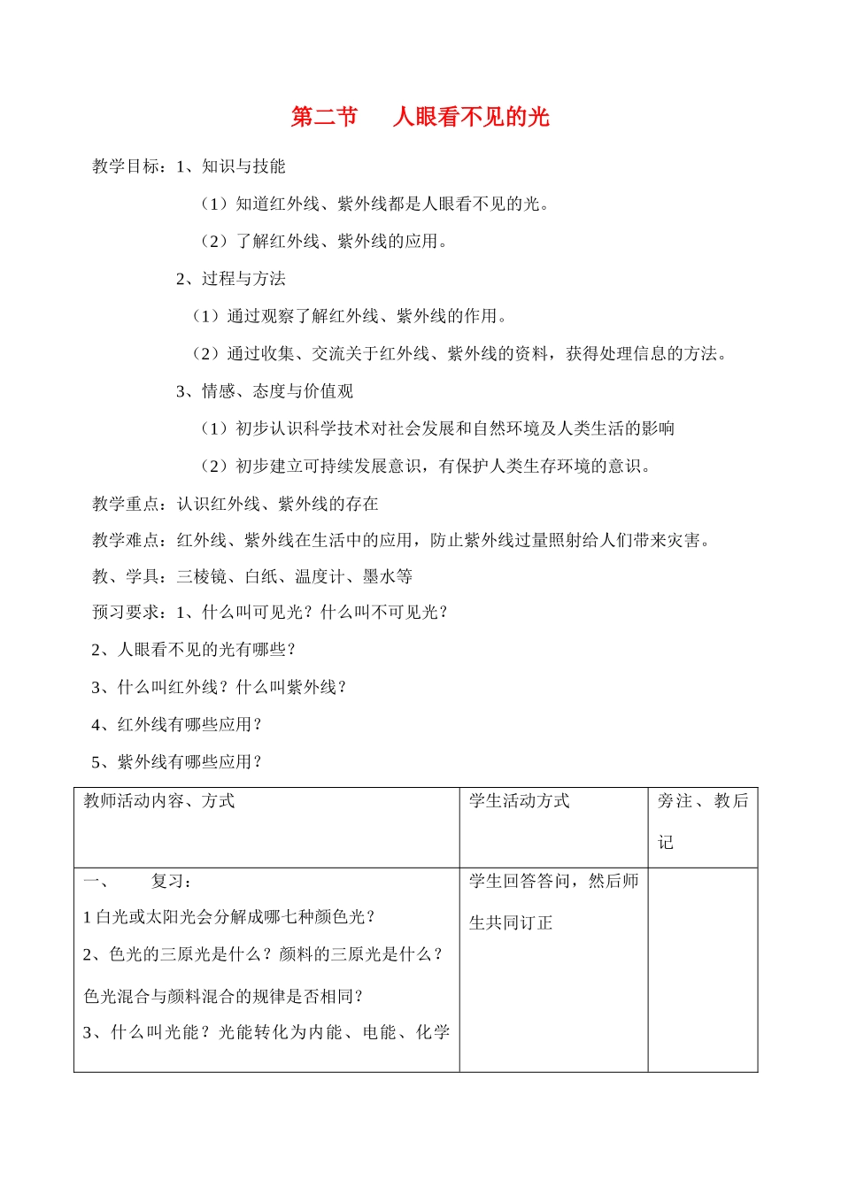 八年级物理第三章第二节   人眼看不见的光教案苏科版_第1页