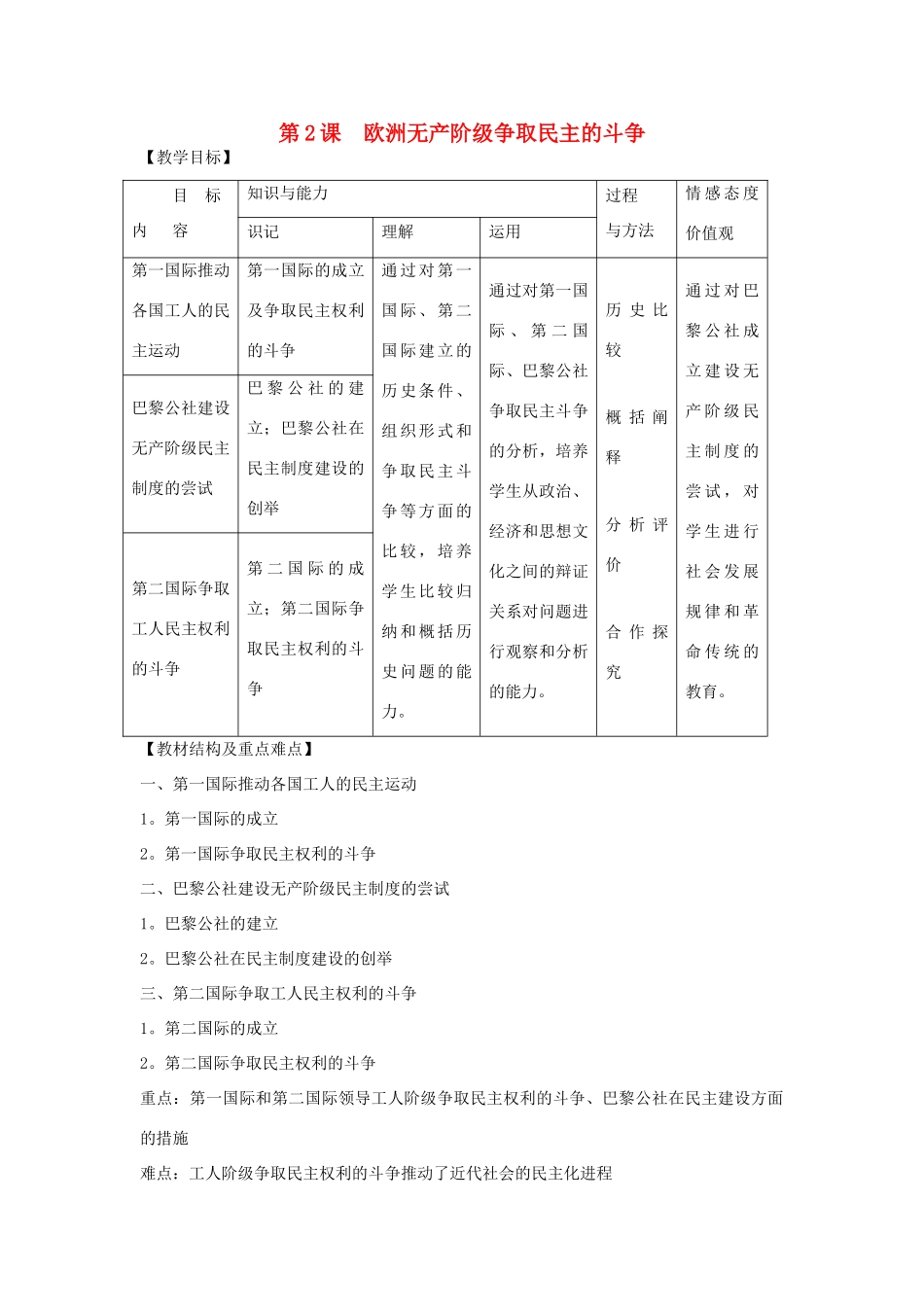 高中历史 第七单元 无产阶级和人民群众争取民主的斗争 第2课 欧洲无产阶级争取民主的斗争教案 新人教版选修2-新人教版高二选修2历史教案_第1页