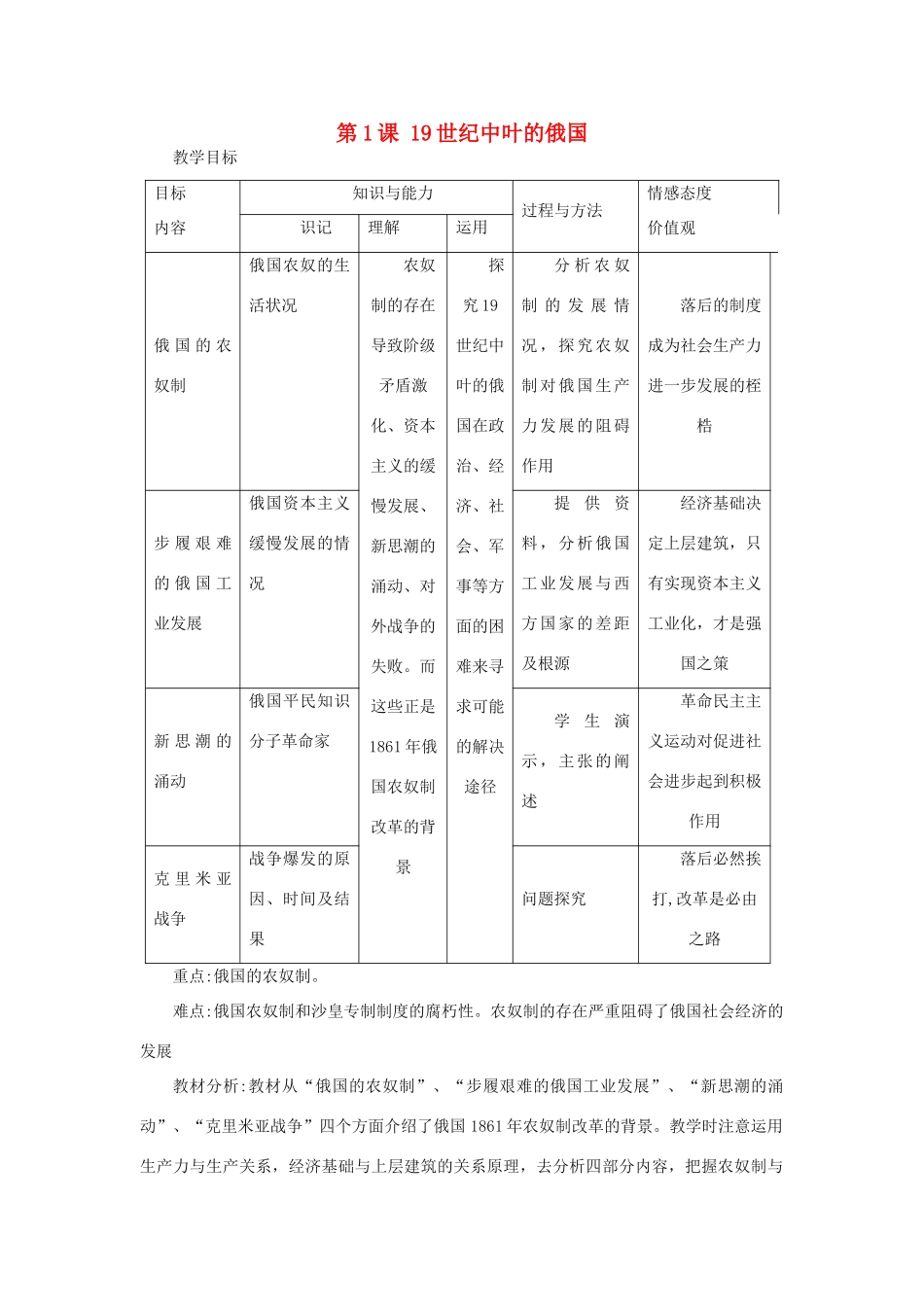 高中历史 第七单元 俄国农奴制改革 7.1 19世纪中叶的俄国教案 新人教版选修1-新人教版高二选修1历史教案_第1页
