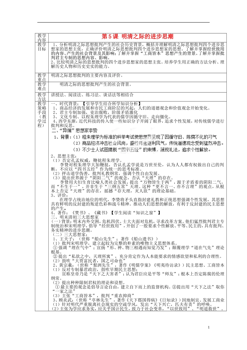 高中历史 第一单元 第5课 明清之际的进步思潮教案 岳麓版必修3-岳麓版高二必修3历史教案_第1页