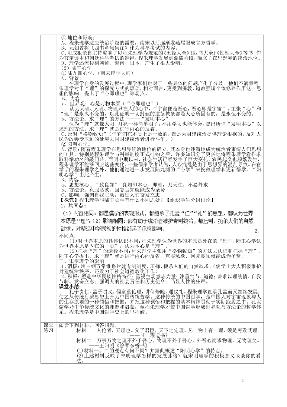 高中历史 第一单元 第4课 宋明理学教案 岳麓版必修3-岳麓版高二必修3历史教案_第2页
