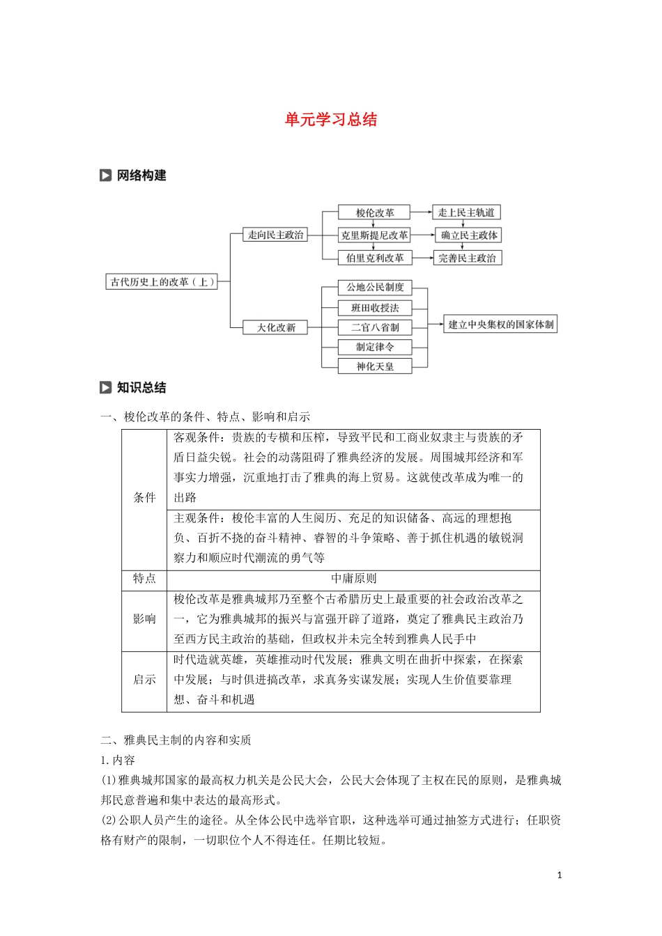 高中历史 第一单元 古代历史上的改革（上）单元学习总结讲义 岳麓版选修1-岳麓版高二选修1历史教案_第1页