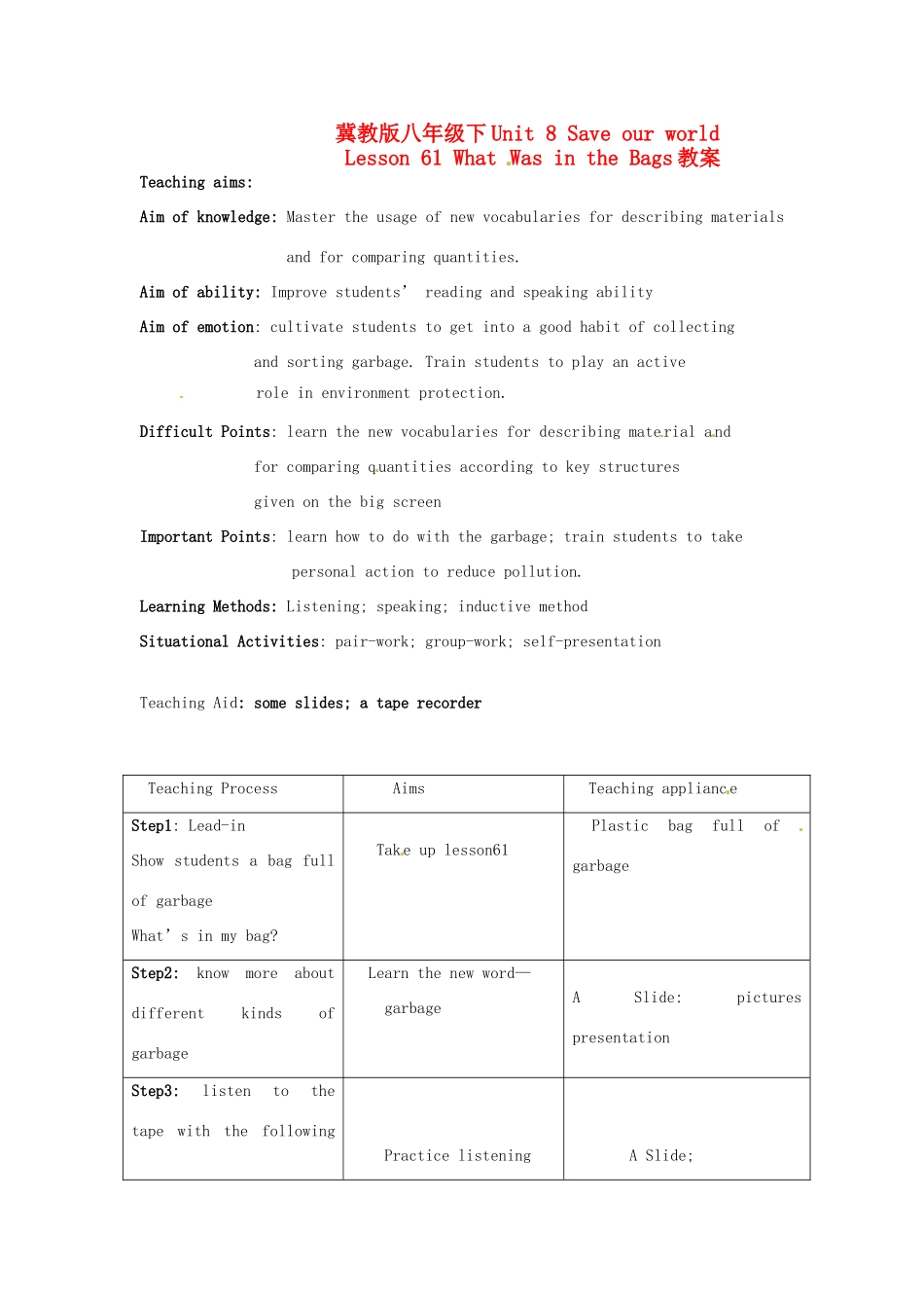 八年级英语下册 Unit 8 Save Our World Lesson 61教案 冀教版_第1页