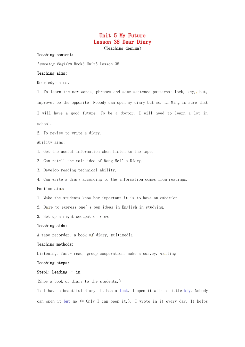 八年级英上册 Unit 5 Lesson 38 Dear Diary教案 冀教版_第1页