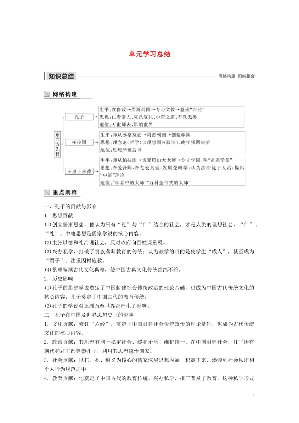 高中历史 第一单元 东西方先哲单元学习总结讲义 岳麓版选修4-岳麓版高二选修4历史教案_第1页