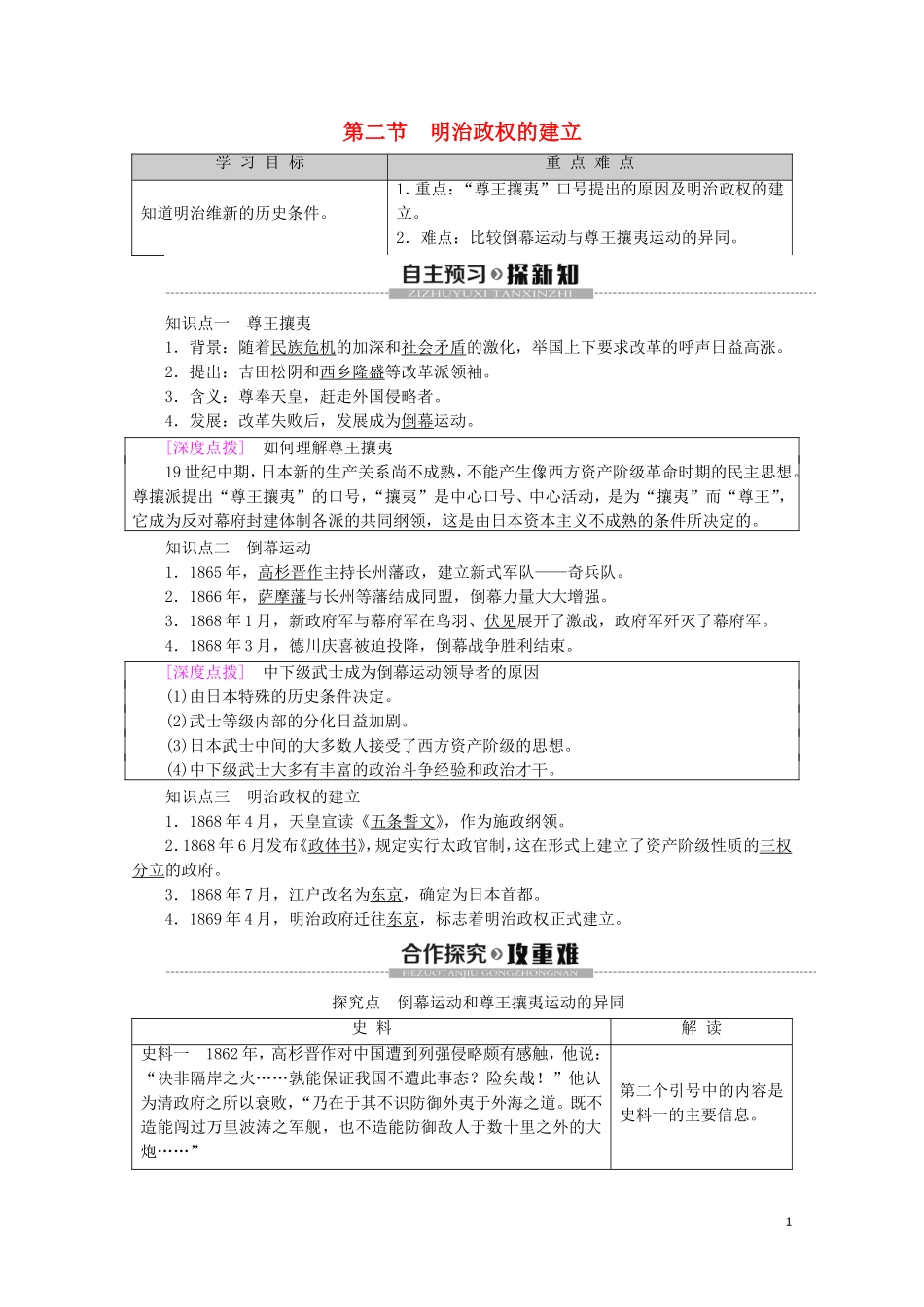 高中历史 第8章 日本明治维新 第2节 明治政权的建立教案（含解析）北师大版选修1-北师大版高二选修1历史教案_第1页