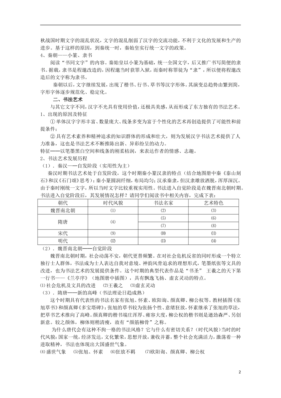 高中历史 第7课《汉字与书法》全套课程教案 岳麓版必修3_第2页
