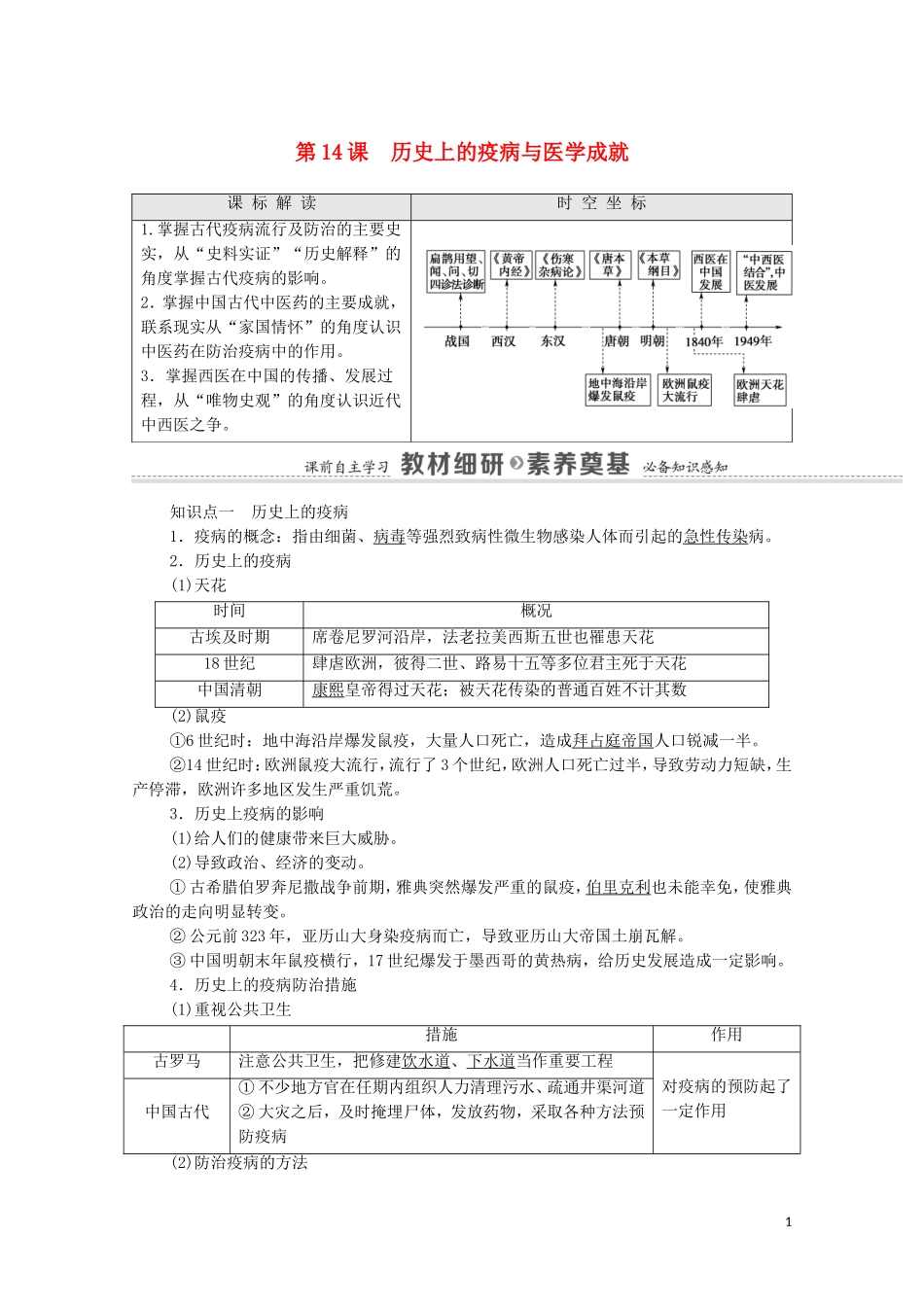 高中历史 第6单元 医疗与公共卫生 第14课 历史上的疫病与医学成就（教师用书）教案 新人教版选择性必修2-新人教版高二选择性必修2历史教案_第1页