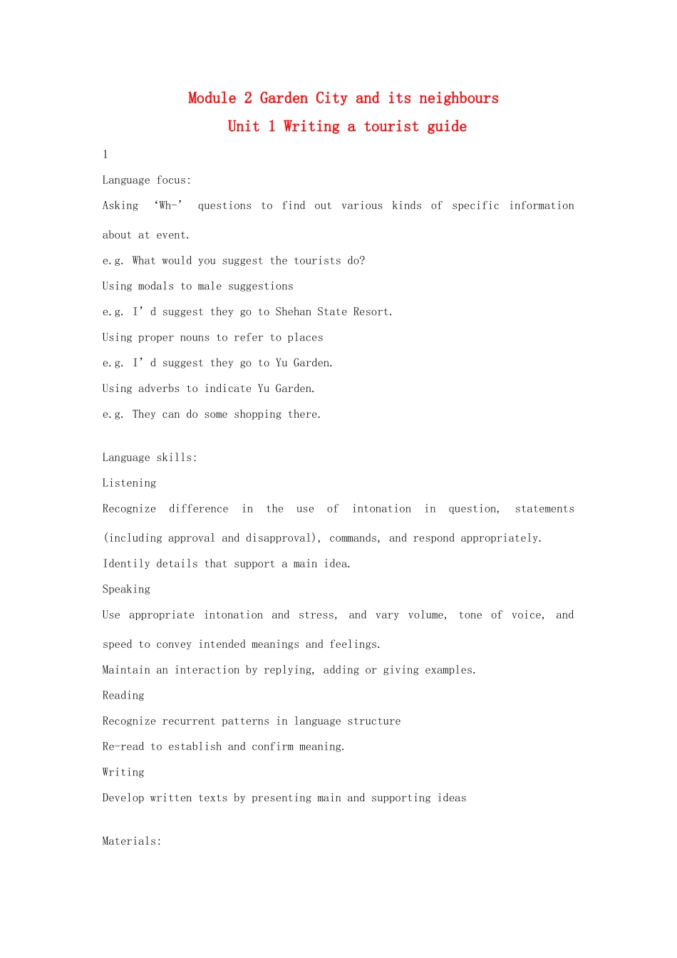 七年级英语下：Module 2 Unit 1 Writing a tourist guide教案上海牛津版_第1页