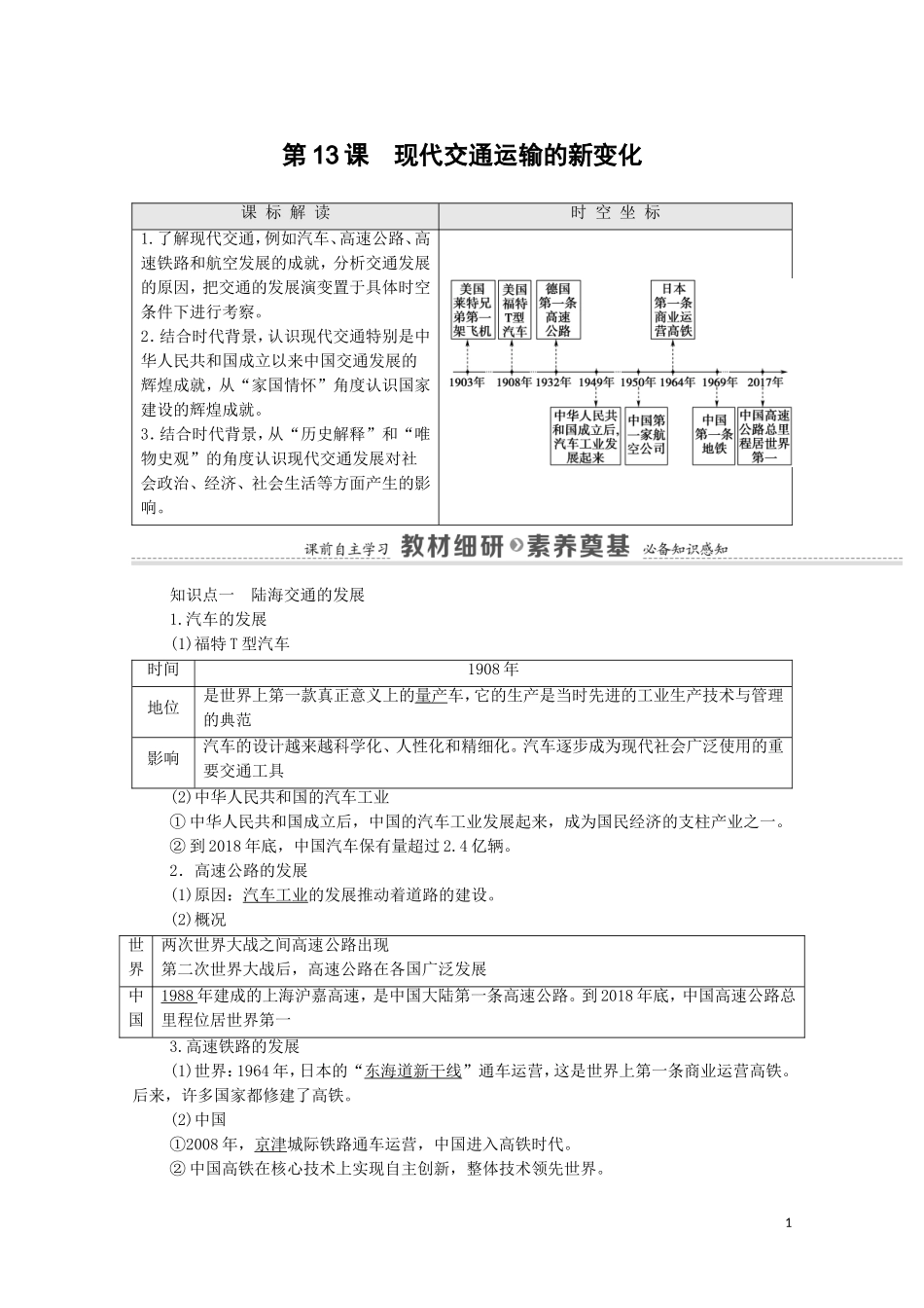 高中历史 第5单元 交通与社会变迁 第13课 现代交通运输的新变化（教师用书）教案 新人教版选择性必修2-新人教版高二选择性必修2历史教案_第1页