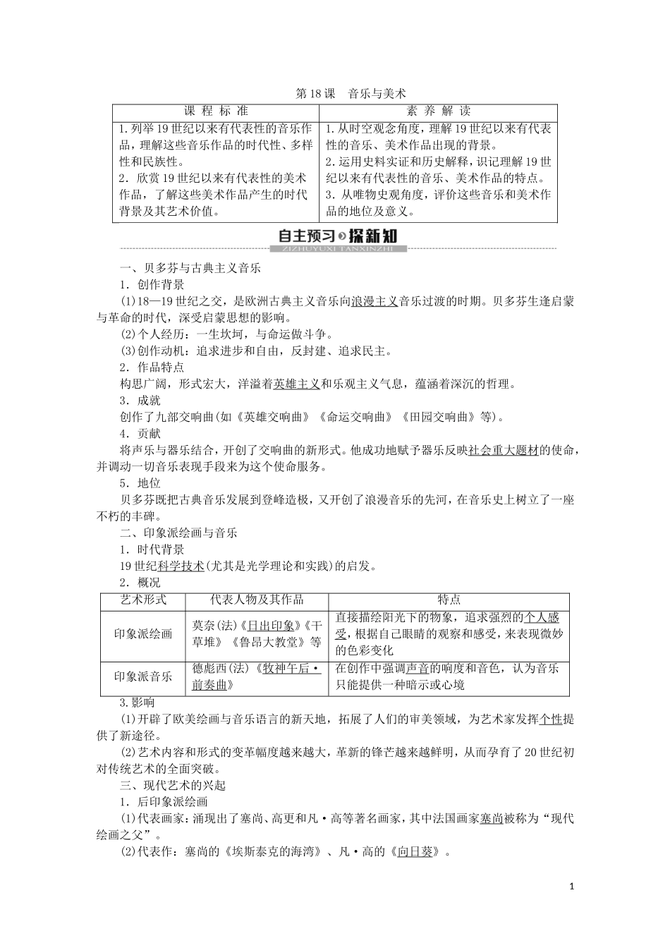 高中历史 第4单元 19世纪以来的世界文化 第18课 音乐与美术教案（含解析）岳麓版必修3-岳麓版高二必修3历史教案_第1页