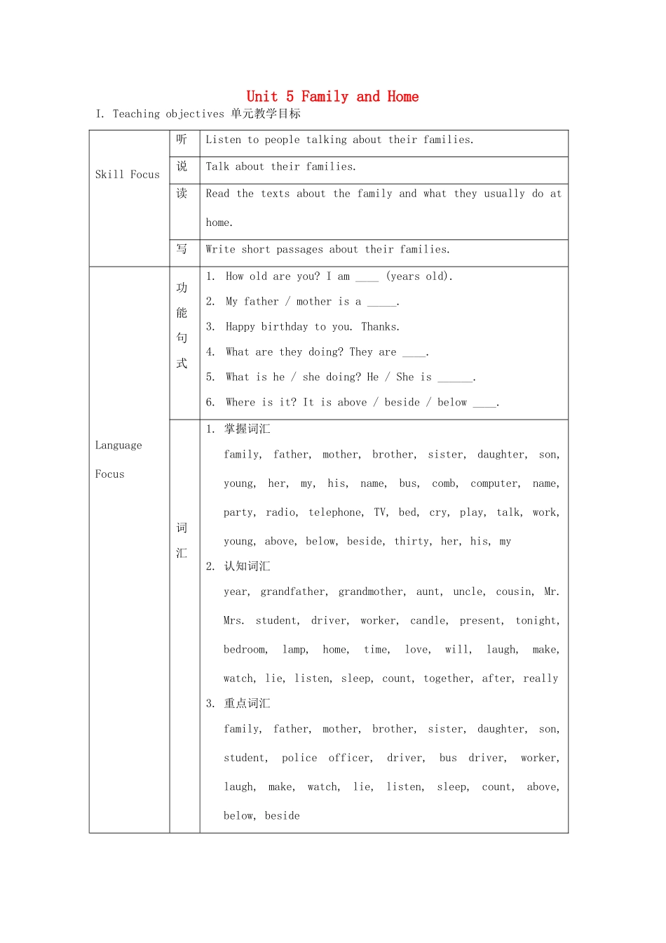 七年级英语上册 Unit5《Family and Home》教案 冀教版_第1页
