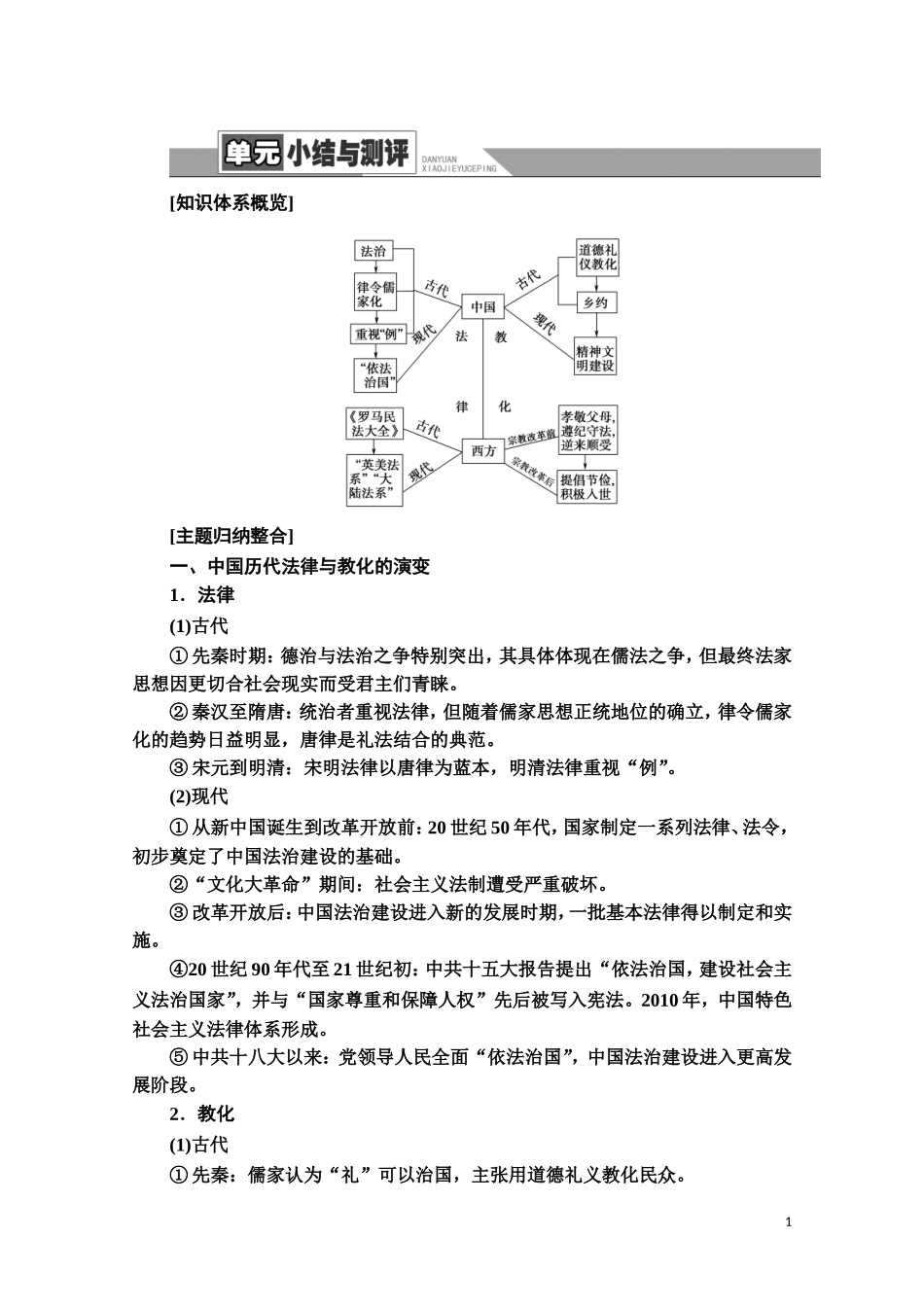 高中历史 第3单元 法律与教化单元小结与测评教案 新人教版选择性必修第一册-新人教版高二第一册历史教案_第1页