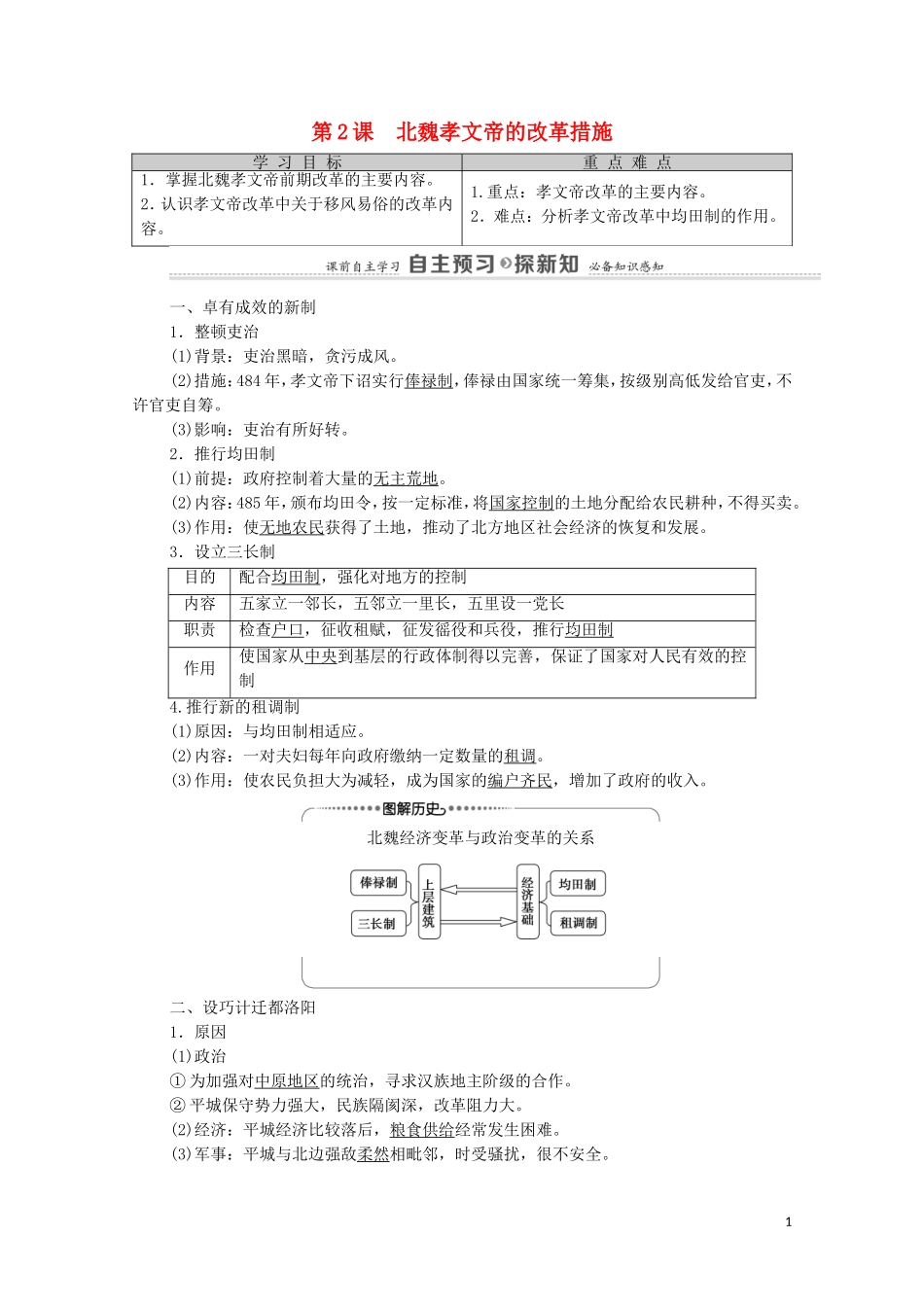 高中历史 第3单元 北魏孝文帝改革 第2课 北魏孝文帝的改革措施（教师用书）教案 新人教版选修1-新人教版高二选修1历史教案_第1页