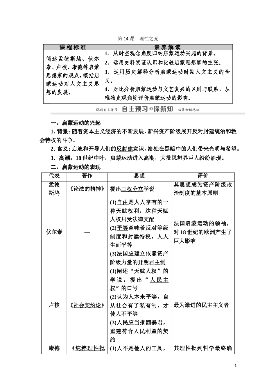 高中历史 第3单元 从人文精神之源到科学理性时代 第14课 理性之光教师用书 岳麓版必修3-岳麓版高二必修3历史教案_第1页