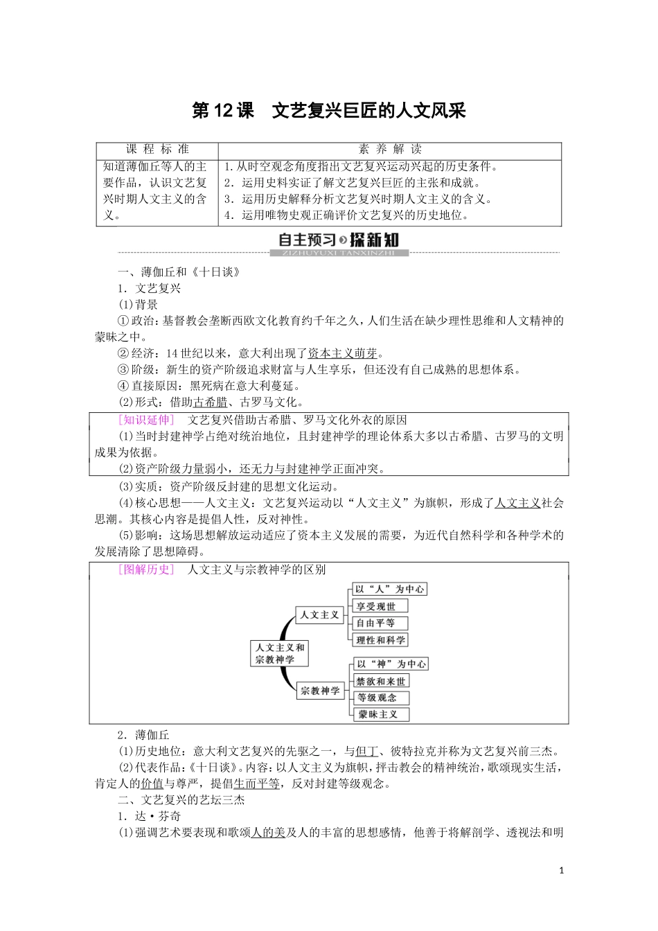 高中历史 第3单元 从人文精神之源到科学理性时代 第12课 文艺复兴巨匠的人文风采教案（含解析）岳麓版必修3-岳麓版高二必修3历史教案_第1页