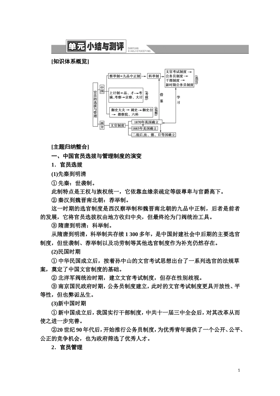高中历史 第2单元 官员的选拔与管理单元小结与测评教案 新人教版选择性必修第一册-新人教版高二第一册历史教案_第1页