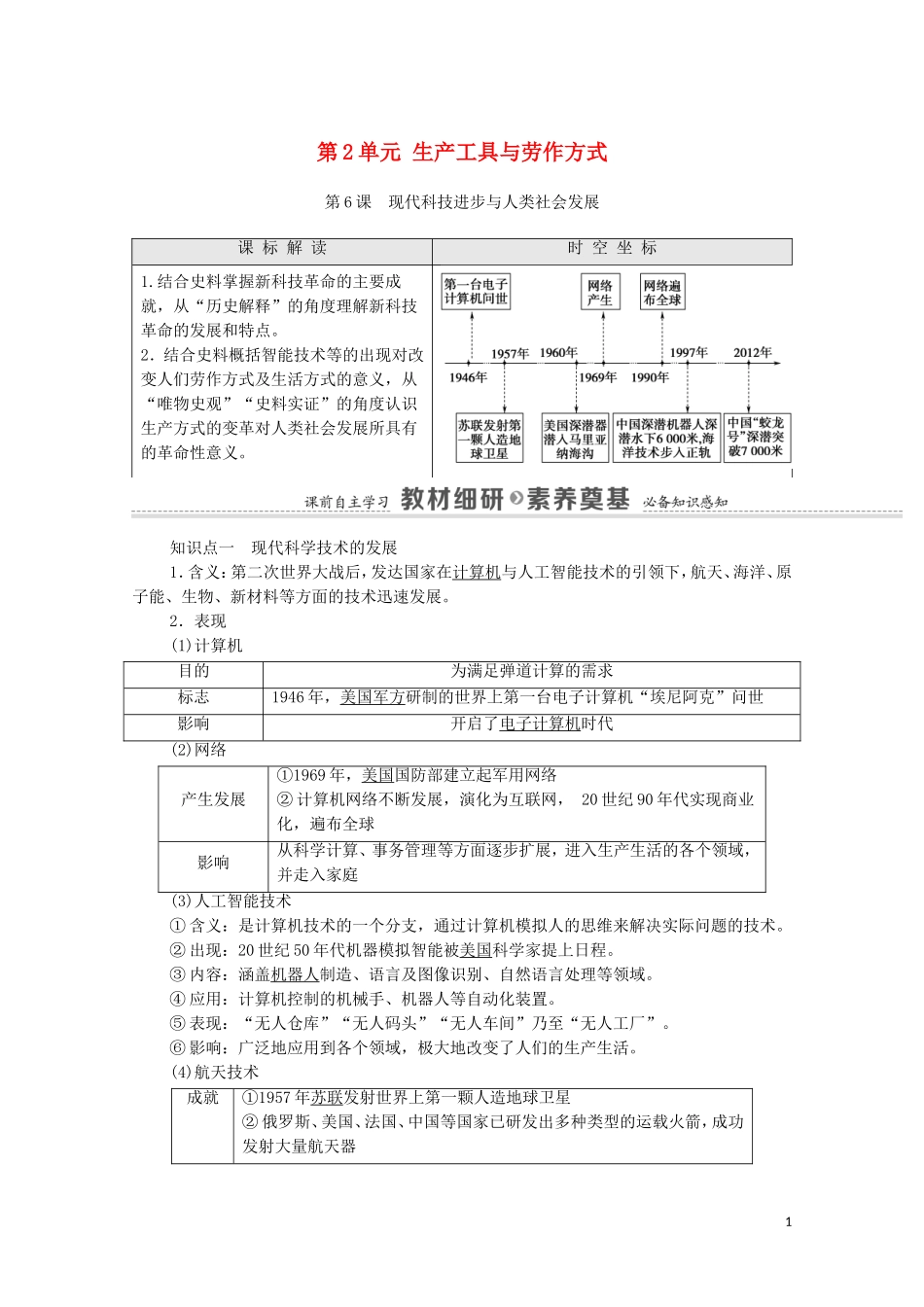 高中历史 第2单元 生产工具与劳作方式 第6课 现代科技进步与人类社会发展（教师用书）教案 新人教版选择性必修2-新人教版高二选择性必修2历史教案_第1页