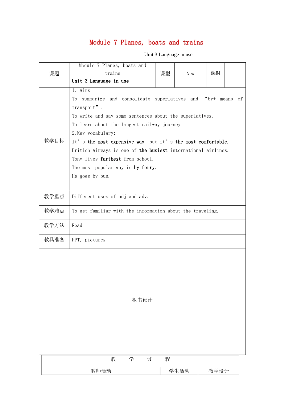 七年级英语下：Module 7 Planes, boats and trains Unit 3 Language in use教案外研版_第1页