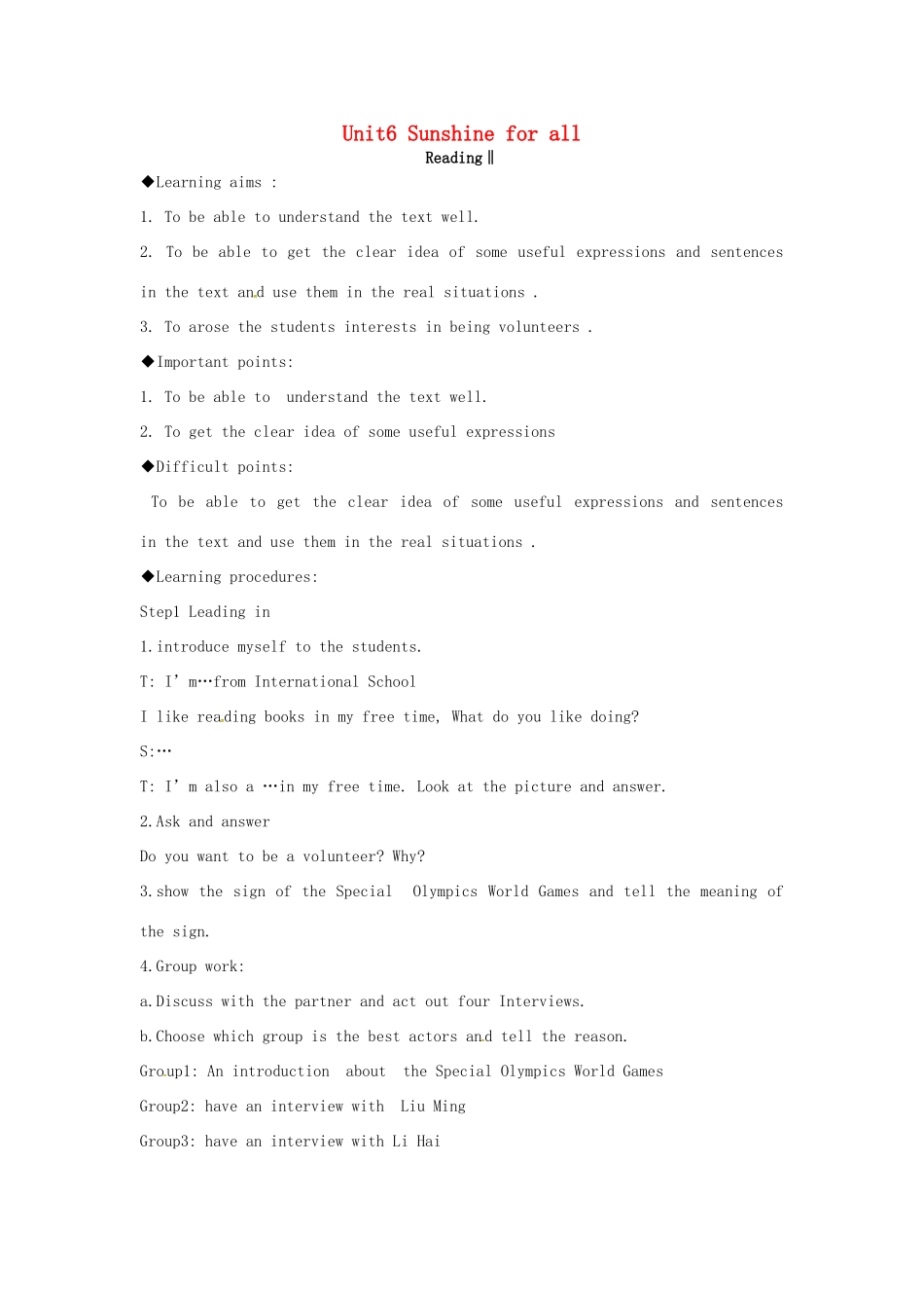 八年级英语下册 Unit 6 Sunshine for all reading 2教案 （新版）牛津版-（新版）牛津版初中八年级下册英语教案_第1页