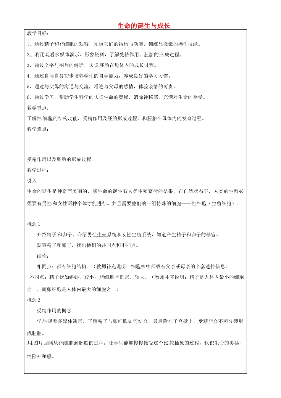 上海市罗泾中学七年级科学上册 生命的诞生与成长教案 牛津上海版五四制_第1页