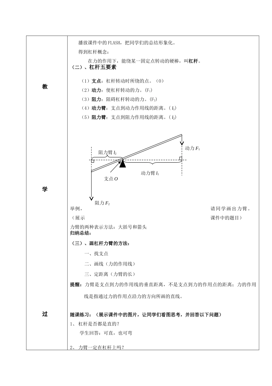 八年级物理科学探究 杠杆的平衡条件教案 沪科版 下学期_第2页