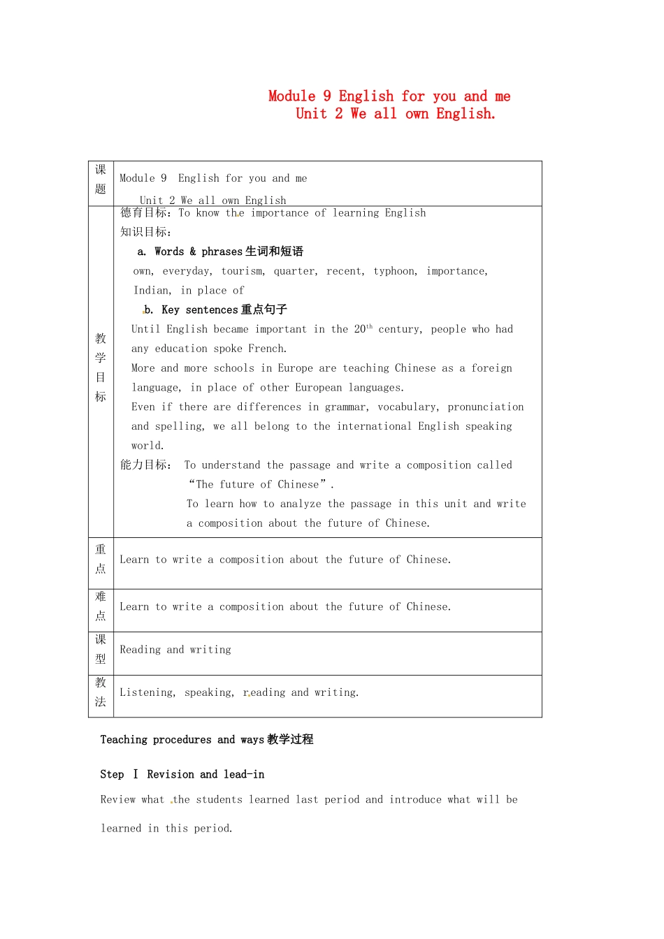 九年级英语下册 Module 9 Unit 2 We all own English教案 外研版_第1页