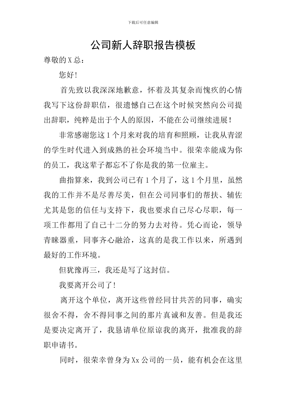 公司新人辞职报告模板_第1页