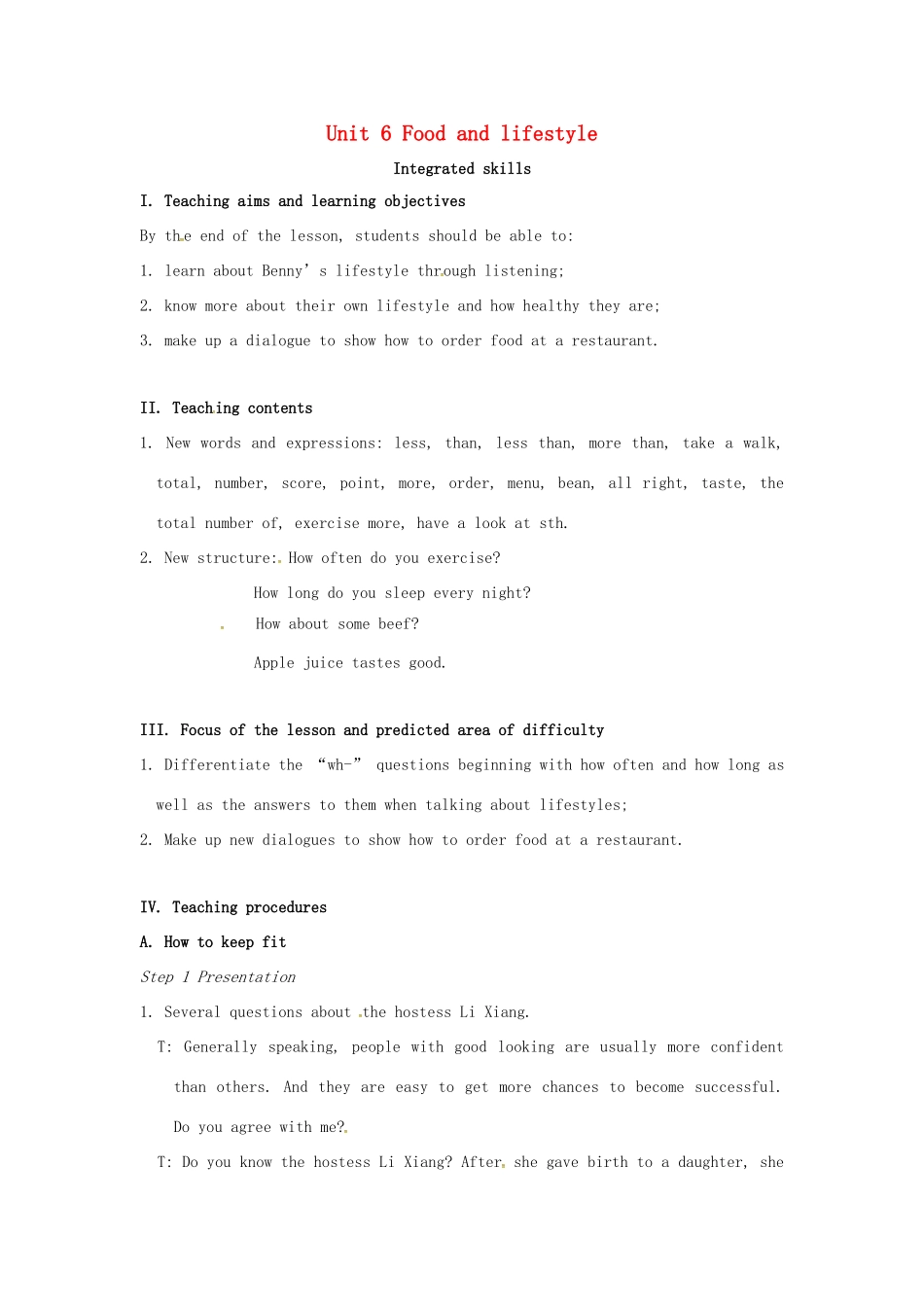 七年级英语上册 Unit 6 Food and lifestyle Integrated skills教案 （新版）牛津版-（新版）牛津版初中七年级上册英语教案_第1页