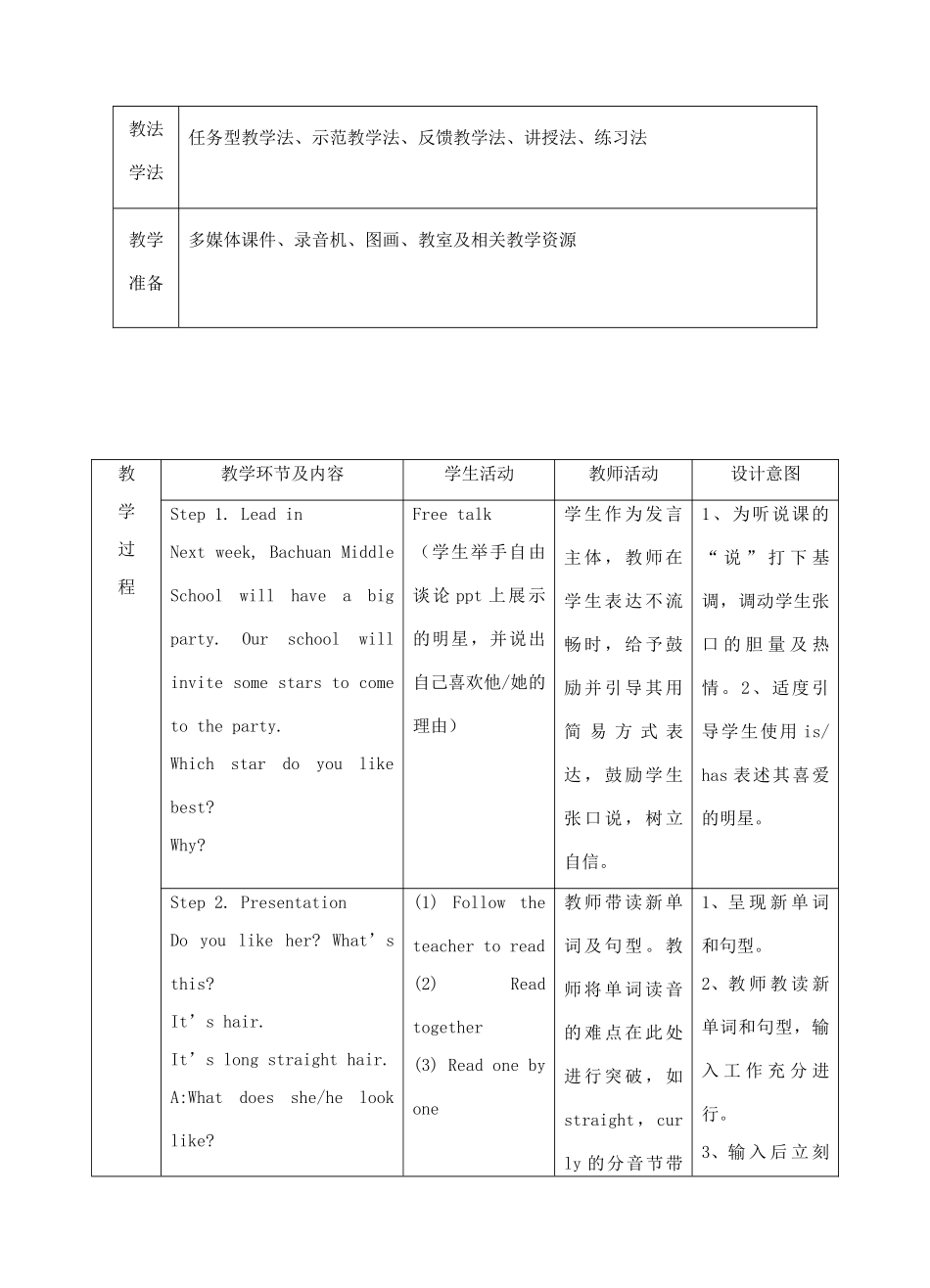 七年级英语下册 Unit 9 What does he look like Section A（1a-1c）教学设计 （新版）人教新目标版-（新版）人教新目标版初中七年级下册英语教案_第2页