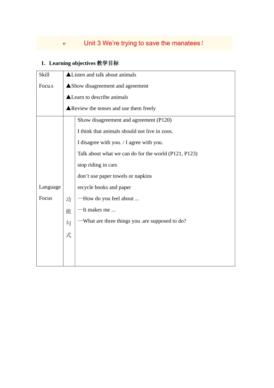 九年级英语：Unit 3 We’re trying to save the manatees（教案2）鲁教版_第1页