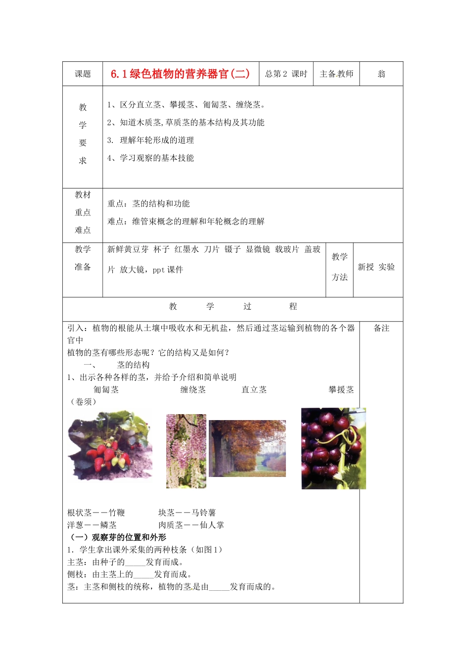 八年级科学上册 6.1 绿色植物的营养器官教案(二) 华东师大版_第1页
