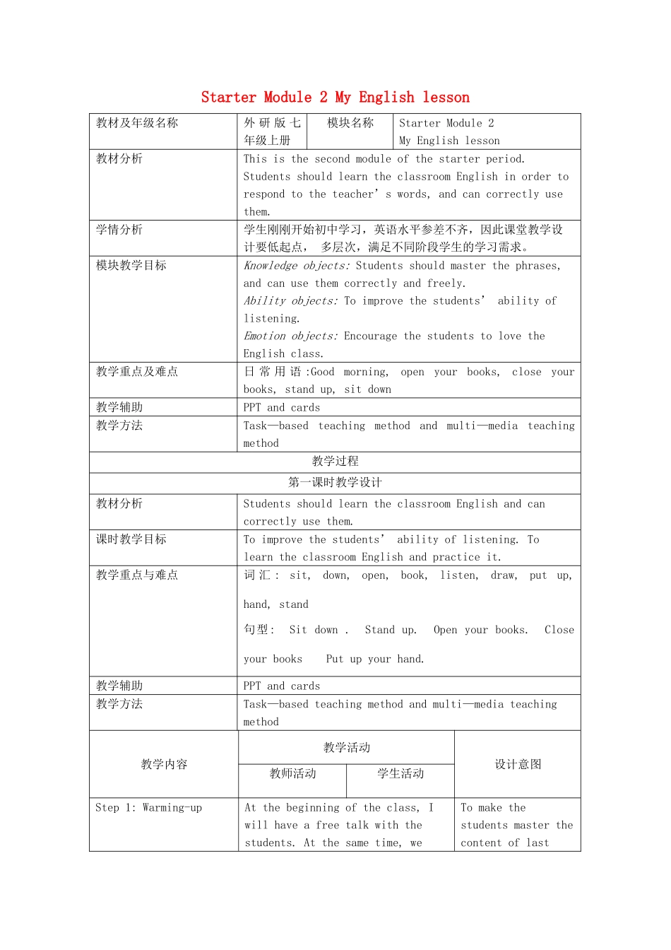 七年级英语上册 Starter Module 2 My English lesson教学设计 （新版）外研版-（新版）外研版初中七年级上册英语教案_第1页